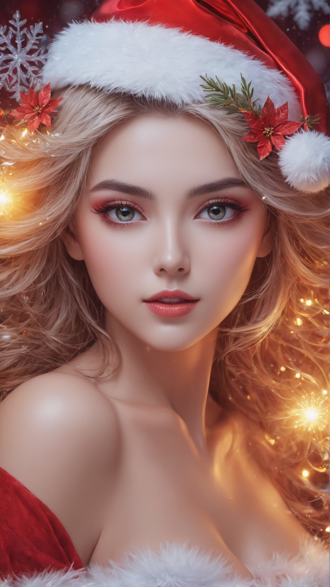 Christmas style, snowflakes, Christmas hats, Christmas gifts ,full body, (masterpiece, top quality, best quality, official art, beauty and aesthetics: 1.2), (1girl), extremely detailed, (abstract, fractal art: 1.3), colorful hair, Highest details, detailed_eyes, fire, water, ice, lightning, light particles, Christmas style clothing, Christmas tree, string of Christmas light bulbs, Christmas red flowers,, beautiful lines, determined eyes, flowers, detailed face, detailed eyes , brilliant blooming flowers and romantic lights as the background