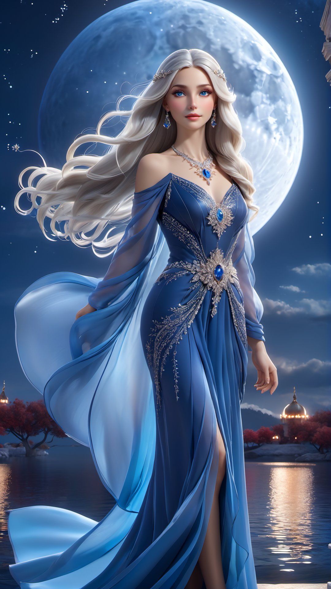 A stunning 3D render of the character Lilia, a graceful and mysterious woman. Lilia has long, flowing silver hair and enchanting deep blue eyes. She is adorned with elegant jewelry and a flowing, ethereal red dress that shimmers like the night sky. The background shows a serene night scene with a full moon, a calm lake, and a starry sky above. The overall atmosphere is magical and captivating, as if Lilia herself embodies the essence of a celestial being., photo, 3d render