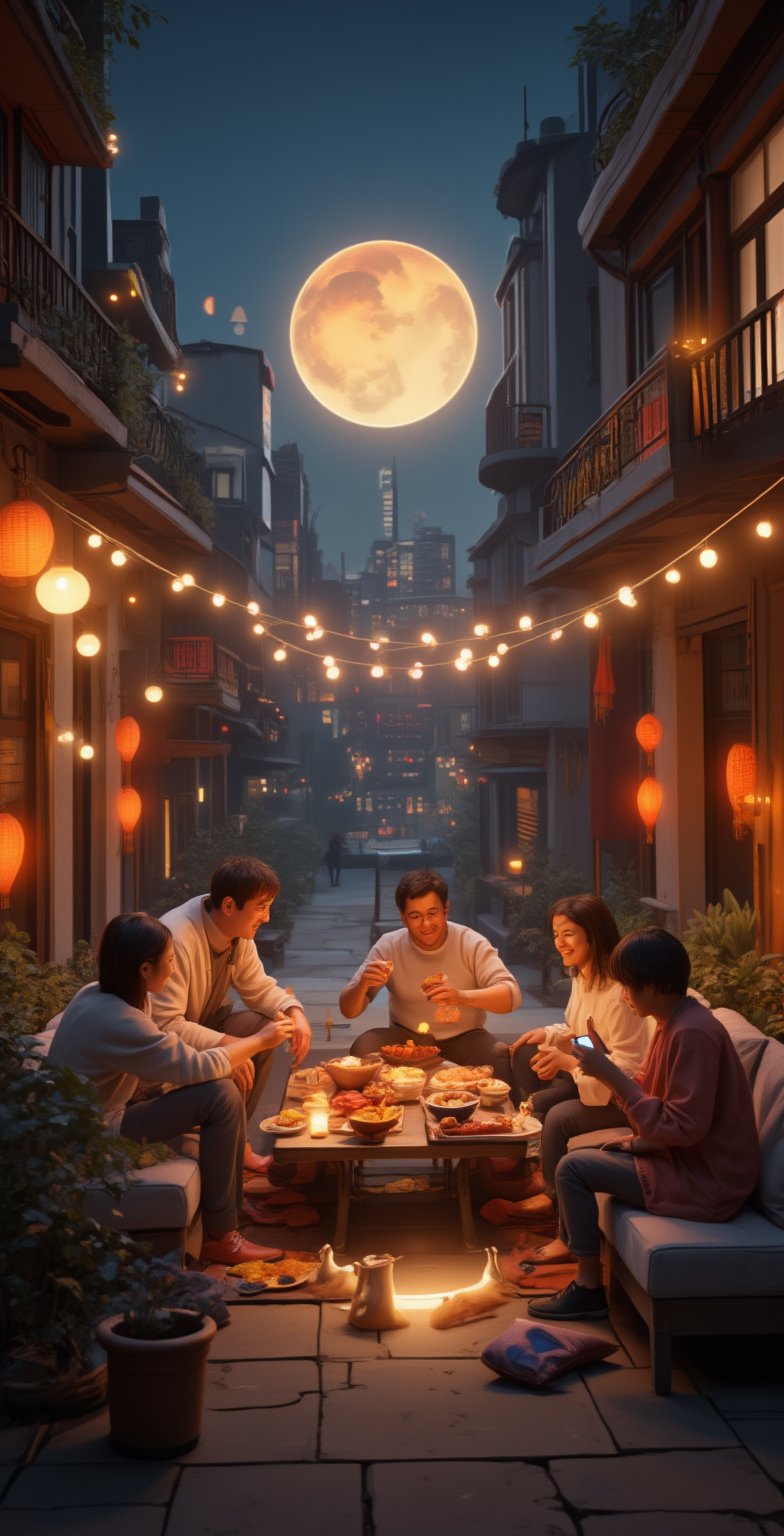 A minimalist-style small courtyard. In the summer night view, a family sits warmly on a modern minimalist sofa eating mooncakes. The background is modern high-rise buildings and bustling city streets. On one side is a large modern minimalist house. The background is a sky that gradually changes from red to gold, with a huge golden full moon hanging high in the sky. There is a plate of fruit and a box of mooncakes on the table. Dad holds up his phone to take pictures, and Mom, son, and daughter smile at him. They have various expressions on their faces, such as happiness and joy. 