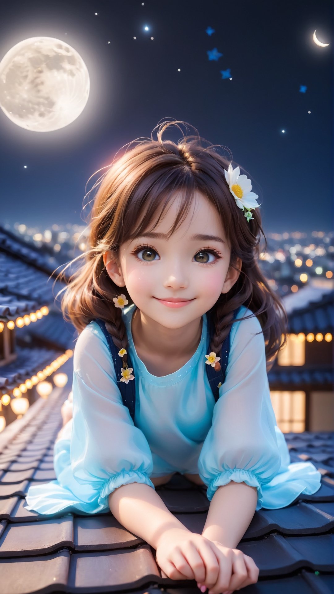 https://s.mj.run/ScKtPHY5ybo Side view shot, full body, Night style, moon, a cute little girl clear details and charming eyes lying on the roof looking forward city lighting, smiling happily and enjoy the best moment, depth of field, flowers blooming fantastic romantic bokeh background ,portraitart,xxmix_girl,Anime 