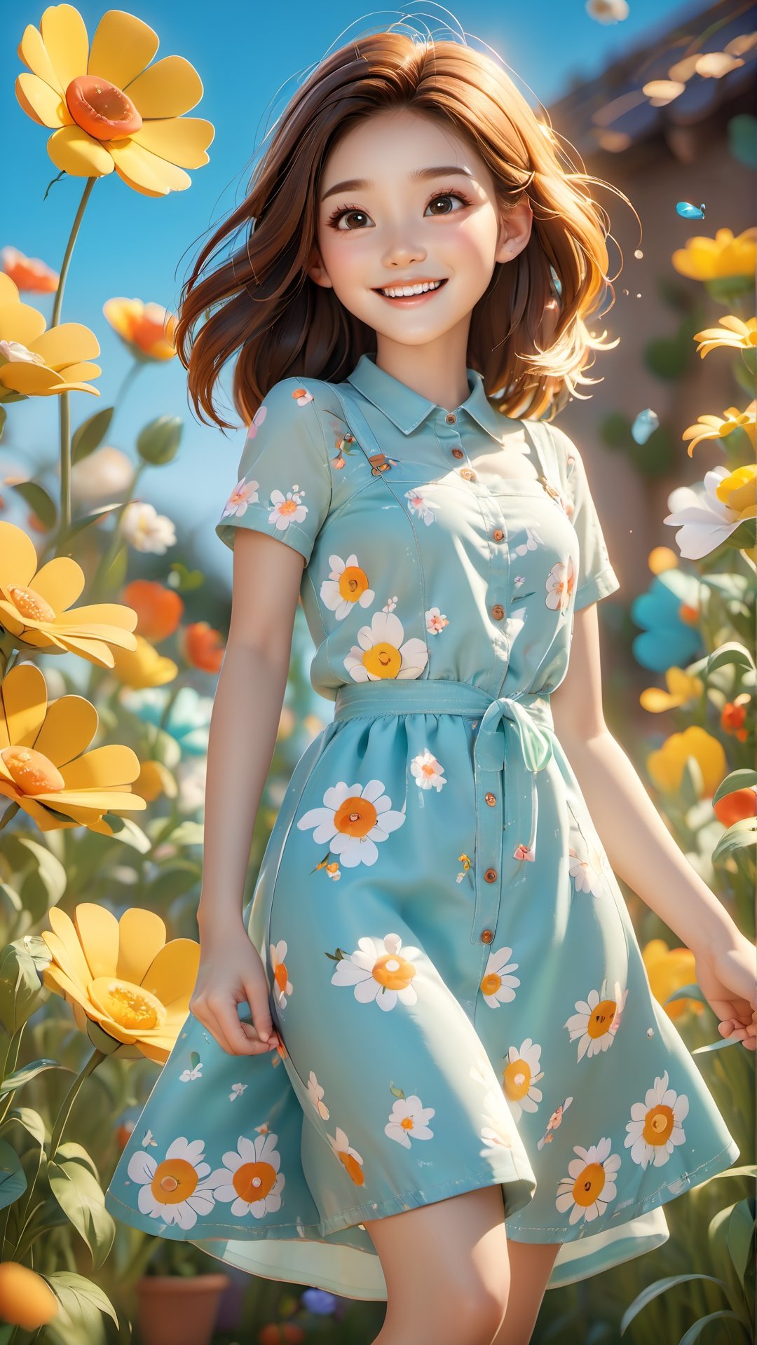 Super Cute Happy Girl 20 years old IP by pop mart, Singing in Flowers, SunLight Lighting, Full Body photography, smile, happy, Art,Clay Materials, Pixar Trends, Garden Lighting, Super Detail, Stylish colors, stylish dressing, OC,Blender, best Quality