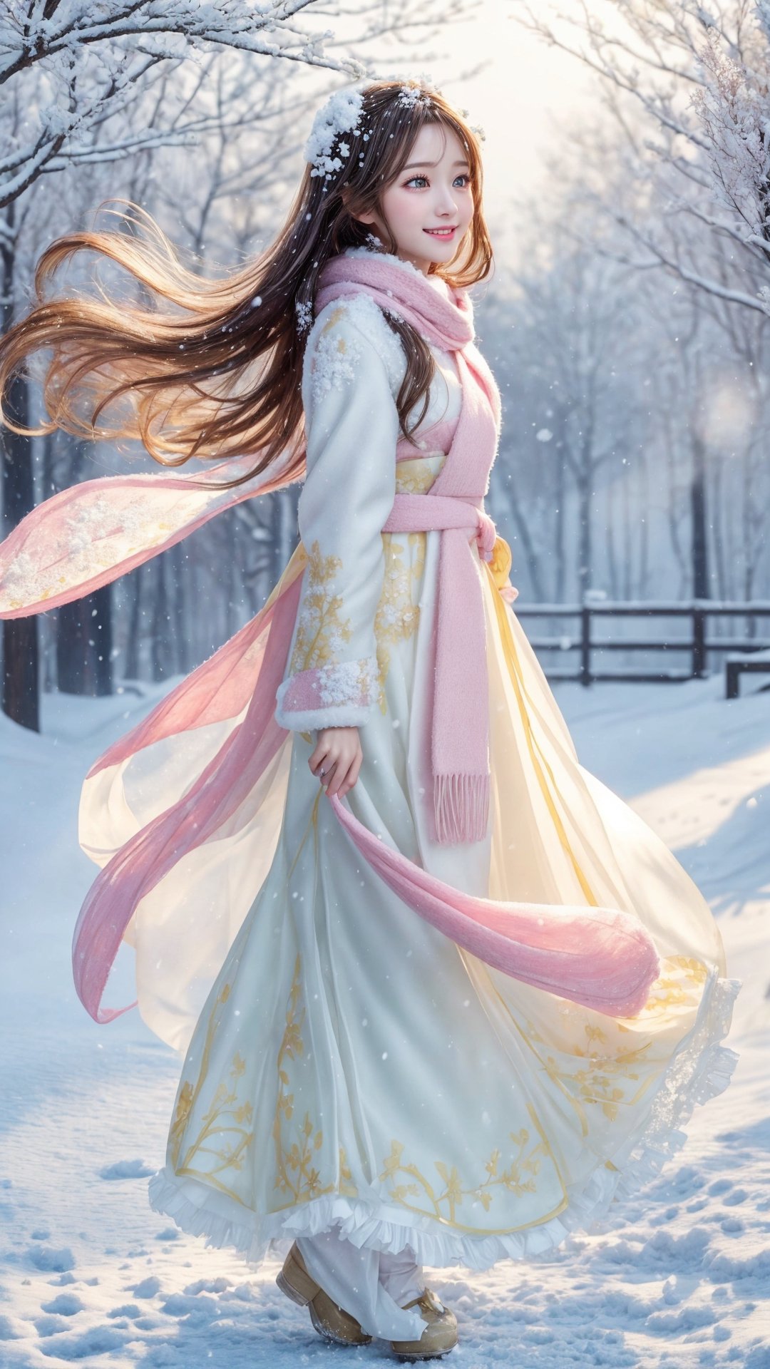 Side view, Winter style, snow falling, realistic high quality, portrait photography, full body, flowers tree, Pixar anime movie scene style, a beautiful big eyes so chaiming and beautiful cute little girl, wearing fluffy pink and white soft silk Hanfu, and fluffy warm coat and scarf, blowing snow flakes, dancing with the snow flakes, smiling happily, transparent bubbles floating around her, so cute and sweet, realistic high quality portrait photography HD 8k, Turning to look at the person looking at her, white and yellow flowers blooming fantastic amazing and romantic lighting bokeh, flowers blooming realistic and green plants amazing tale and lighting as background,