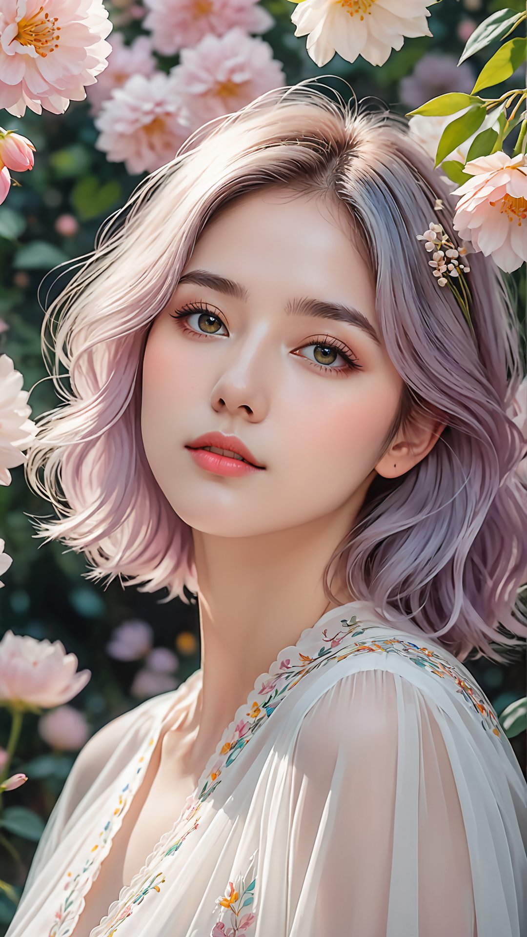 Masterpiece, HD, 8K, A captivating and minimalist illustration of a 20-year-old woman. The upper body, the face is drawn at a 45-degree angle in the center, and delicate touches of pastel accentuate her (high-topped hair color), large eyes, plump cheeks and lips, beautiful white skin and small face with elegant touches. Similar to the touch of Fakhtali Abderrahim, fragile and delicate, the background is a space surrounded by many luminous flowers, and the colorful, magical and mysterious presence is reflected in the expression.