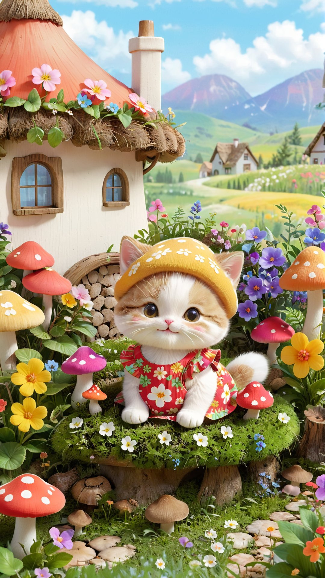 Charming and whimsical rustic centerpiece illustration of an adorable little kitten sitting in a vibrant mushroom garden.  The little cat has a sweet smile and wears an exquisite floral dress.  Surrounding the kitten is a row of colorful mushrooms, some of which have cute faces.  The background depicts a quaint cottage with a thatched roof and blooming flowers, creating a peaceful, idyllic country atmosphere.