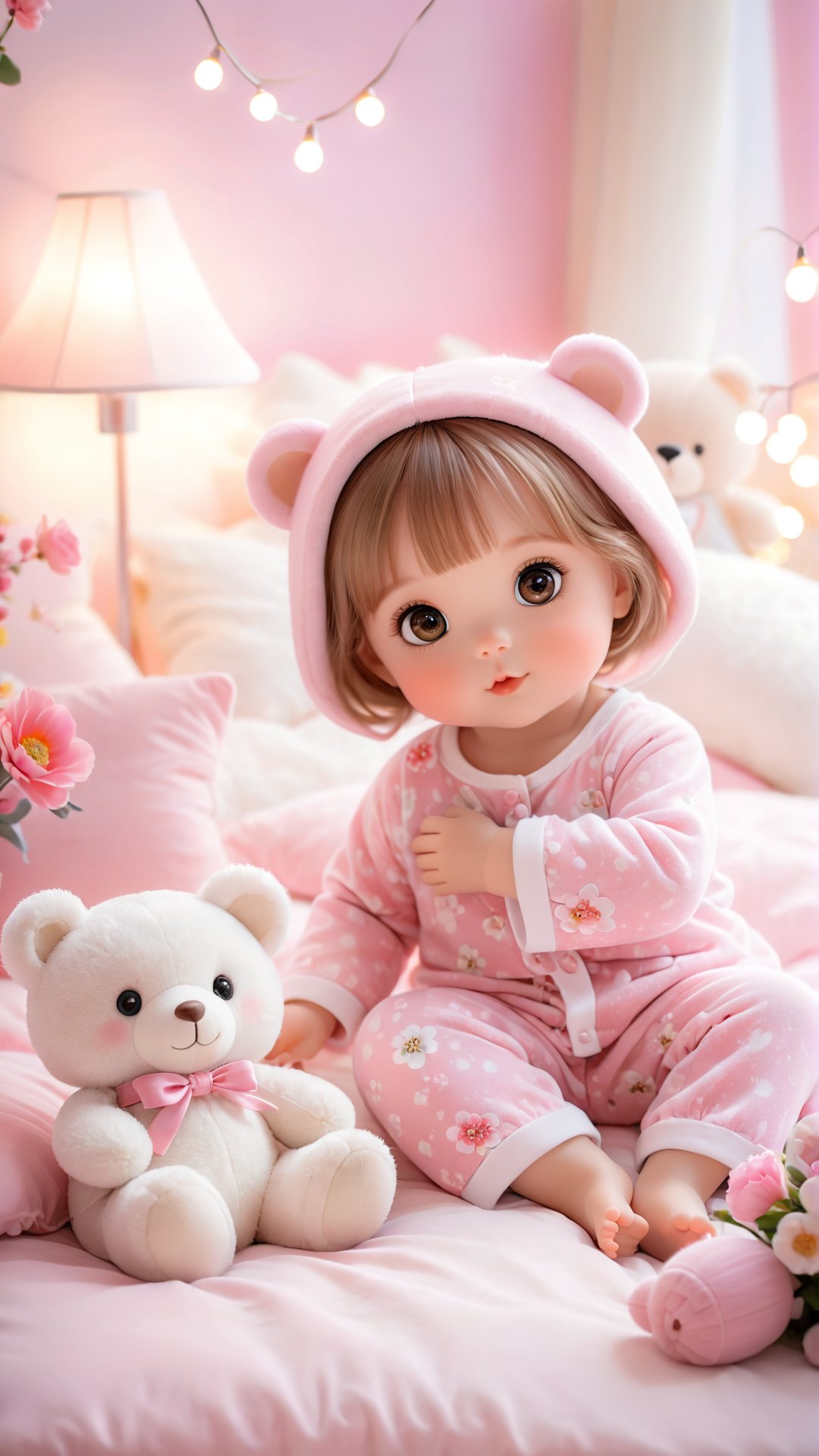 Flowers bloom, A 6 year old beautiful adorable little baby girl, big beautiful charming eyes, wearing pink and white pajamas hug a cute small fuzzy bear toy lying in the soft bed, lamps lighting soft, so sweet and playful and enjoy, charming.lovely portrait photography, flowers bloom bokeh background, depth of field.