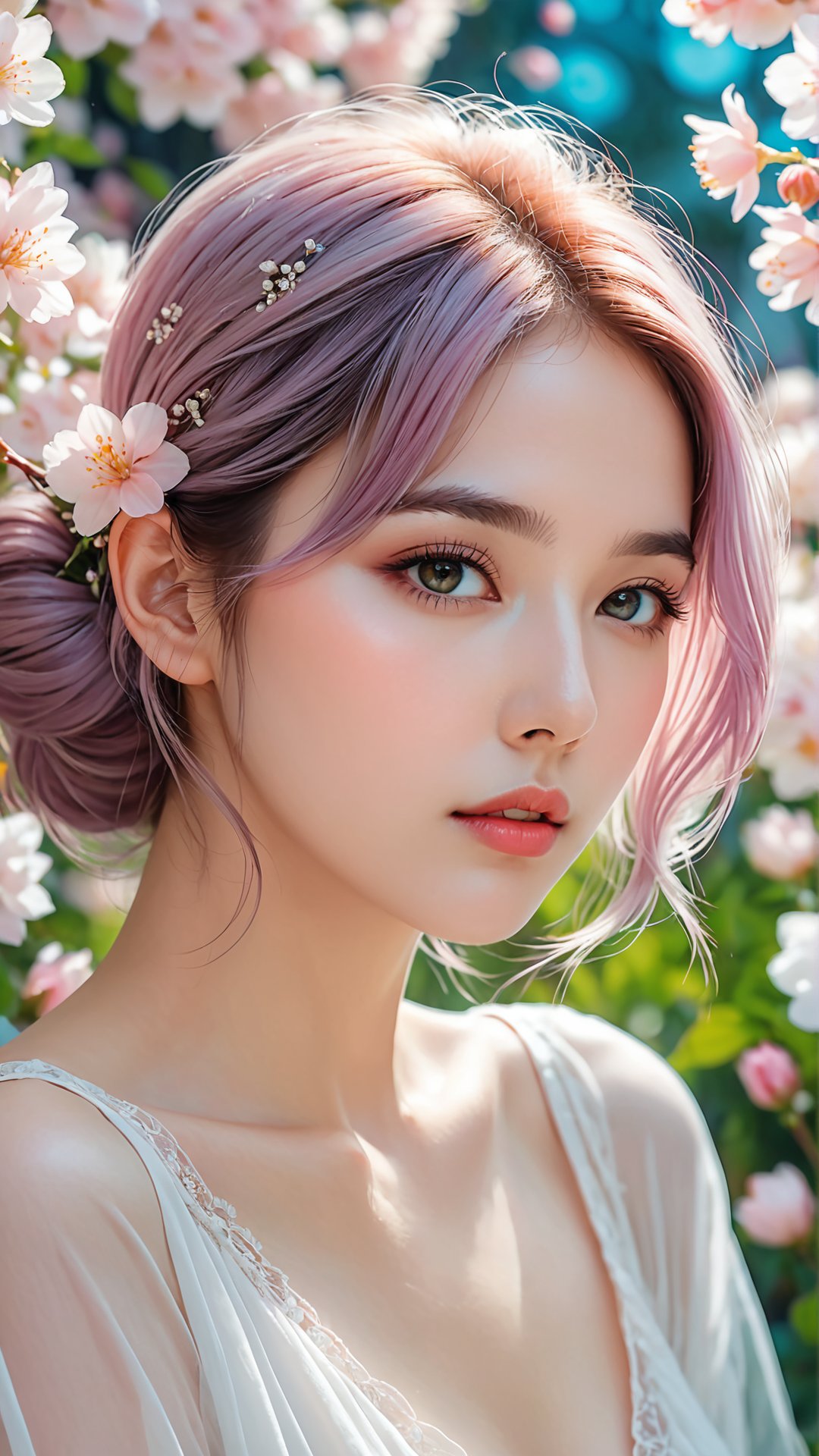 Masterpiece, HD, 8K, A captivating and minimalist illustration of a 20-year-old woman. The upper body, the face is drawn at a 45-degree angle in the center, and delicate touches of pastel accentuate her (high-topped hair color), large eyes, plump cheeks and lips, beautiful white skin and small face with elegant touches. Similar to the touch of Fakhtali Abderrahim, fragile and delicate, the background is a space surrounded by many luminous flowers, and the colorful, magical and mysterious presence is reflected in the expression.