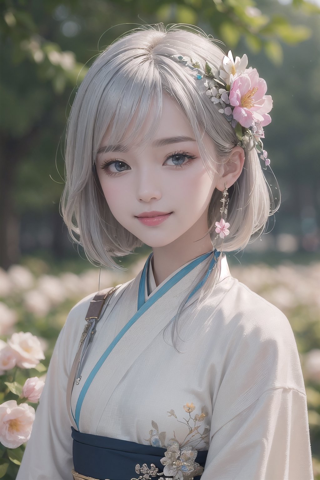 (Masterpiece, Top Quality, Best Quality, Official Art, Beauty and Aesthetics),, Cute, Smile, adorable, Extremely Detailed, Abstract, Fractal Art, Silver Hair, Destiny Series, Colorful, Most Detailed, flwoers blooming, soft lingt bokeh background, Jewelry, Hanfu,, landscape, ink, Portrait photograph.