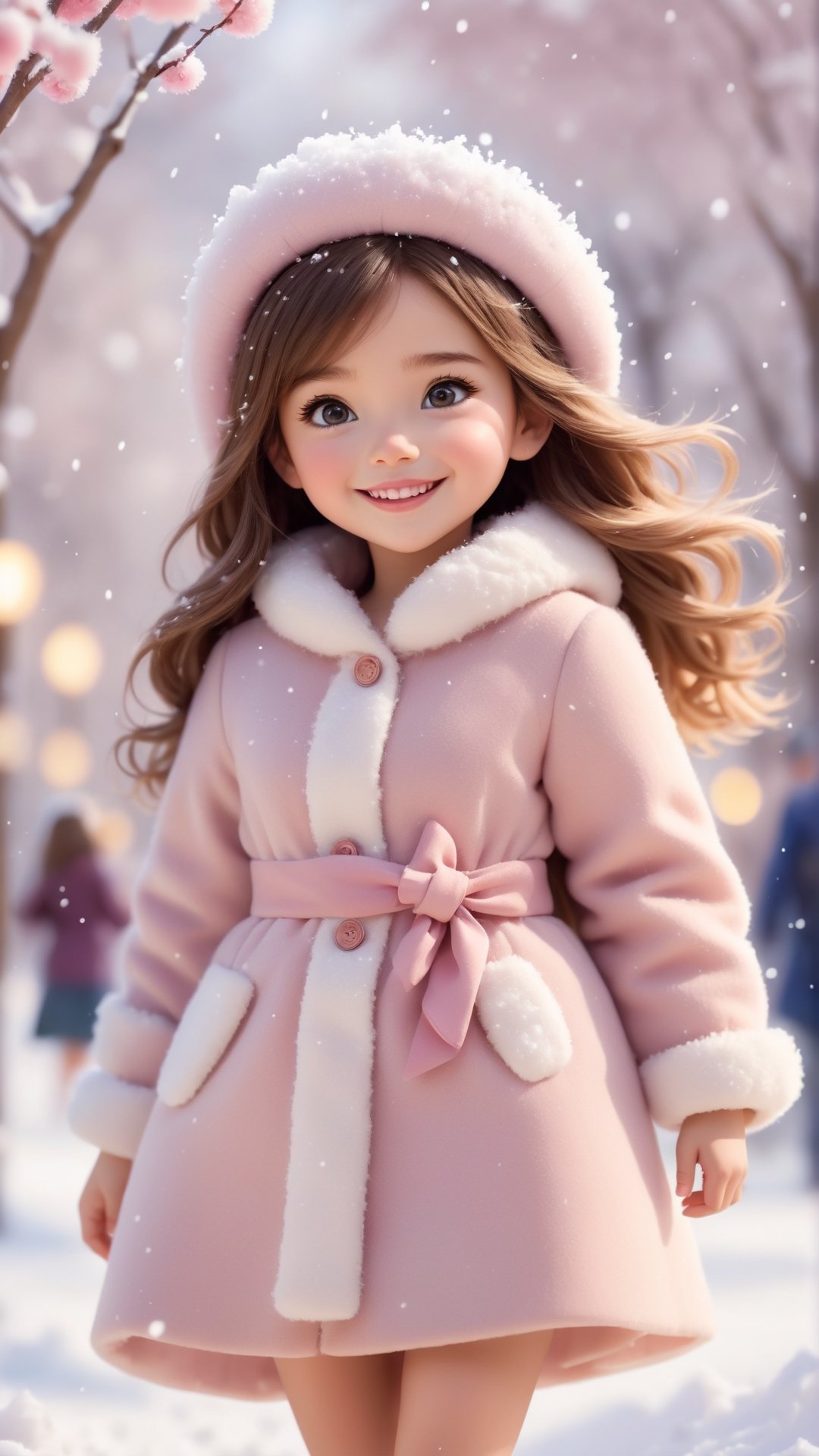 Pixar anime movie scene style, dreamy and fantastic, Snow falling, a digitally created picture of a little girls wearing pink fluffy dress and coat, in the style of soft, dream-like quality, oshare kei, dark beige, barbiecore, lovely, shiny eyes, laughing and happy, snowing, flowers blooming bokeh background