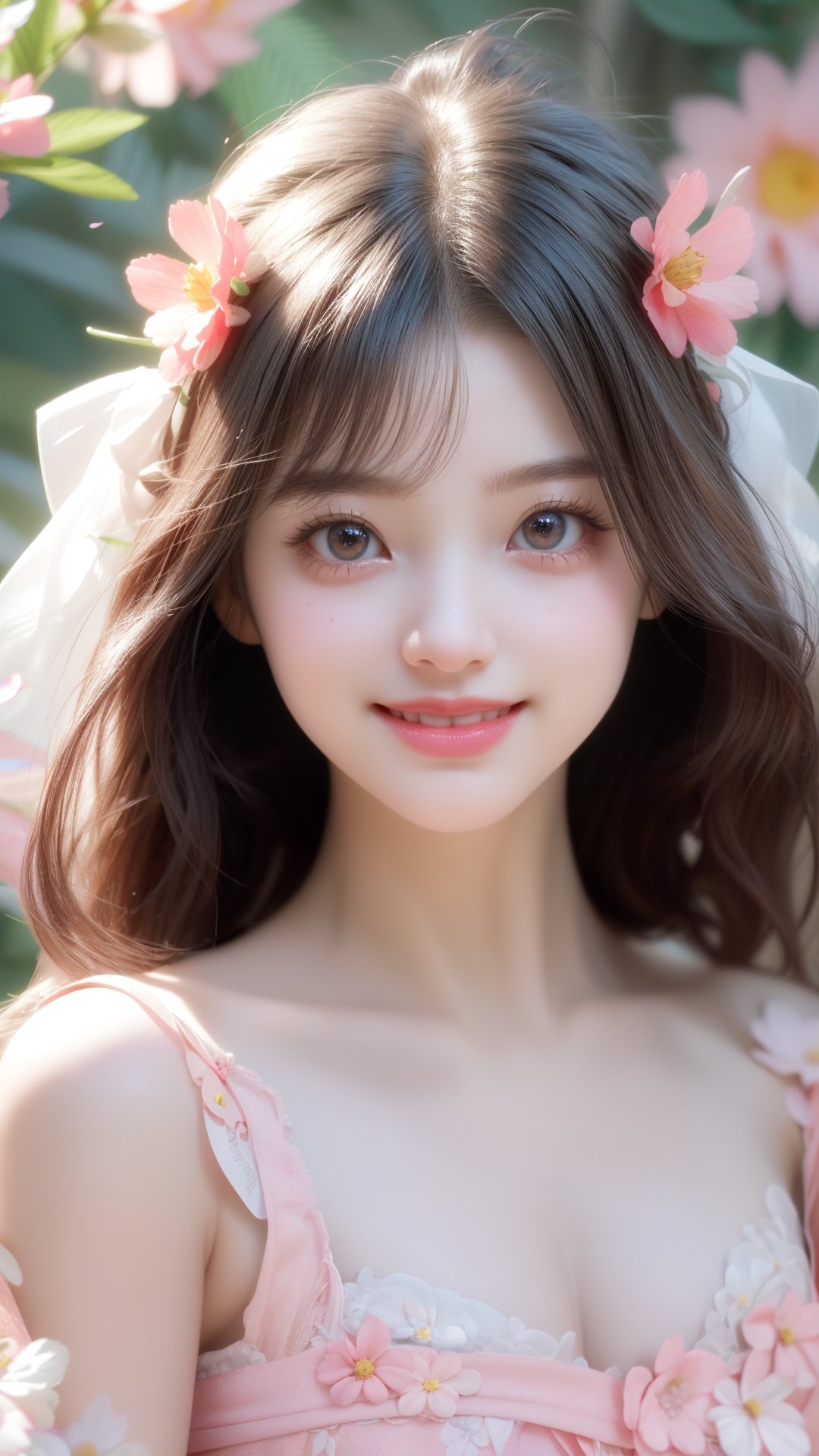 Pixar anime movie scene style, dreamy and fantastic, a digitally created picture of a little girls in pink dress, in the style of soft, dream-like quality, oshare kei, dark beige, barbiecore, lovely, shiny eyes, smile and happy, flowers blooming bokeh background, depth of field