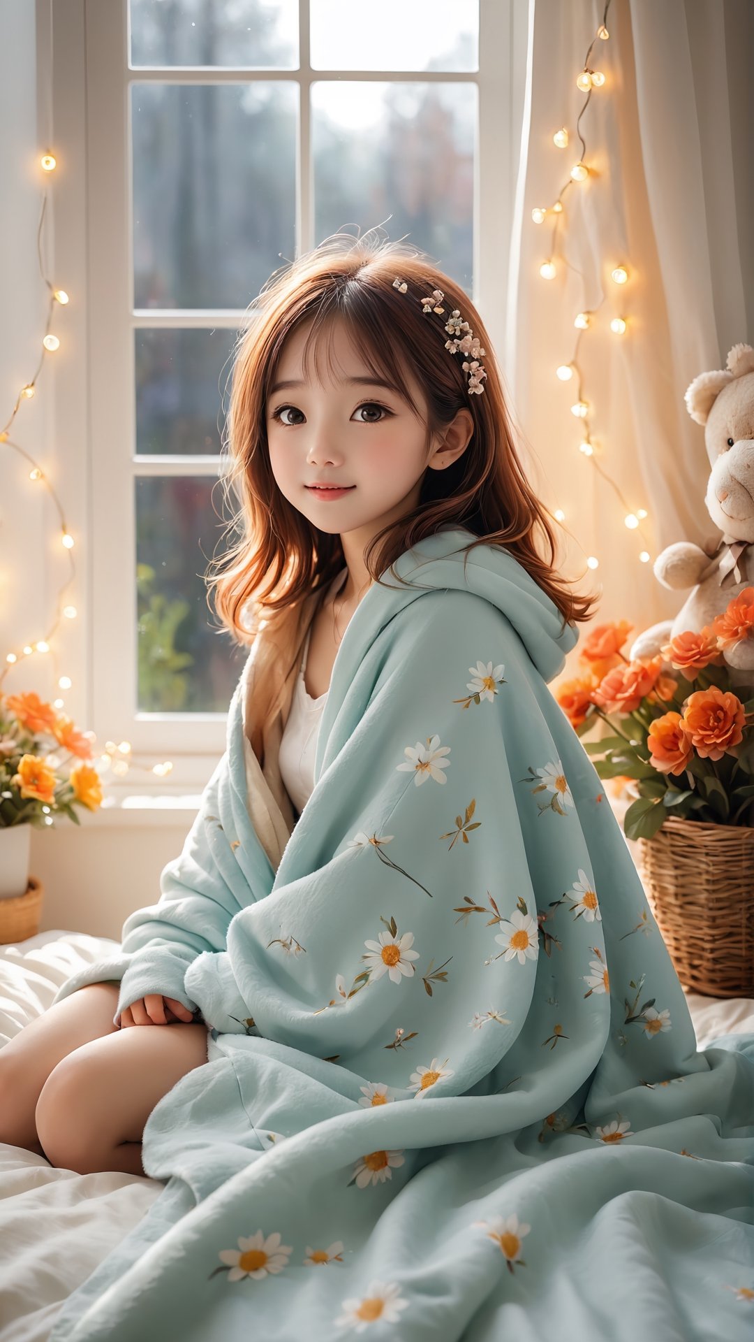 Flowers blooming, Autumn morning style, ((full body)), cute little girl wake up in the beautiful morning comfortably on a bed, covered with a blanket, stuffed animal, string lights on the wall, Sun ray through the window, cozy and comforting atmosphere, morning sunshine, wonder, pixiv, happiness and enjoyment, depth of field, illuminated bokeh background. Flowers bloom bokeh and depth of field background.,cute cartoon ,4nime style,aesthetic portrait