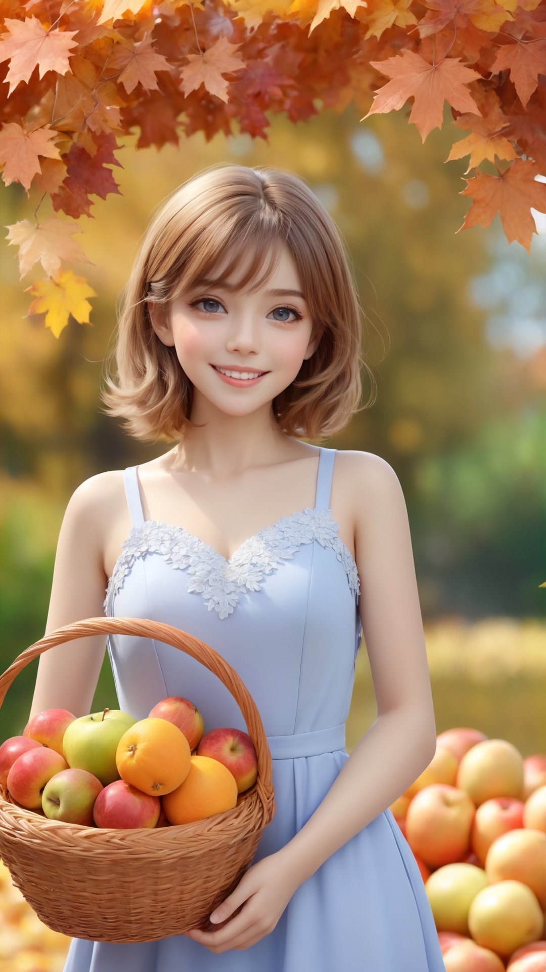 1girl, hugging basket,  fruit in basket,  happy, detailed beautiful eyes, autumn, light brown hair, bob hair, maple leaf hair ornament,  blue sky,  brown eyes,  dress, happiness and enjoy the best moment to smiling, high quality portrait photography, flowers bloom beautiful bokeh background.
,3DMM