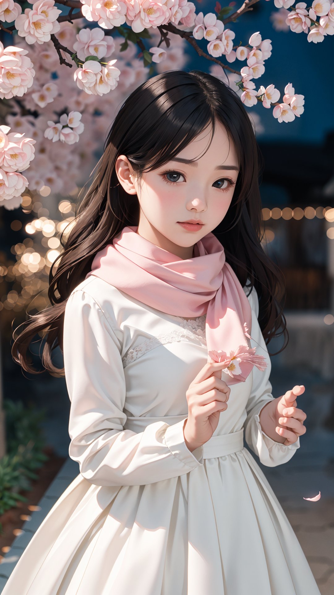 (best quality, masterpiece:1.2),ultra detailed,(photo realistic:1.4), Autumn style, solo, lovely and cute little girl, lace long sleeves pink and white dress, and wearing pink scarf, night , moon lighting soft and romantic , beautiful village, flowers blooming fantastic amazing tale on the village bank, and blurry_light_background, perfect beautiful portrait photography realistic high quality , flowers blooming, fantastic and dreamy and beautiful images 