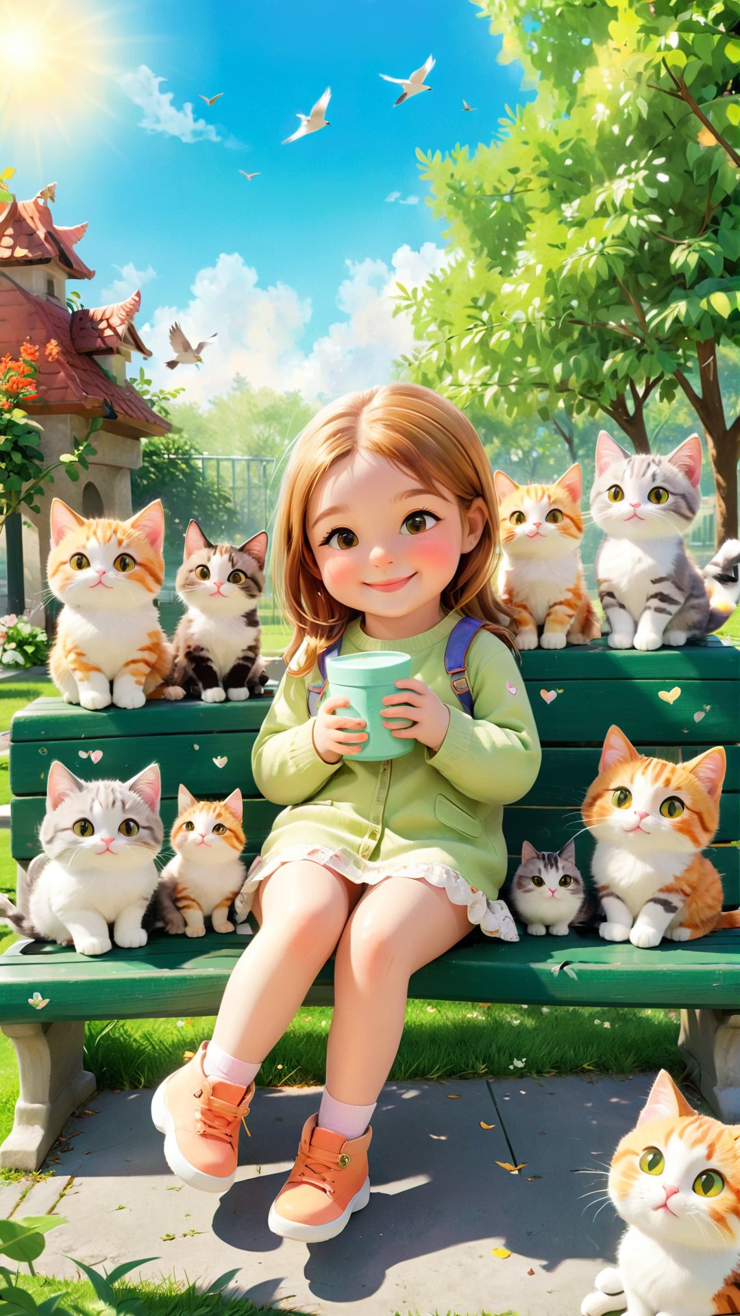 A charming illustration of a cute adorable little girl sitting on a park bench, surrounded by her adorable feline companions. Each cat has a unique color and marking, and they're all cuddling up to their owner, who is smiling lovingly at them. The background is a lush green park with a sunny sky and a few birds flying overhead. The overall atmosphere of the image is warm, cozy, and full of love.