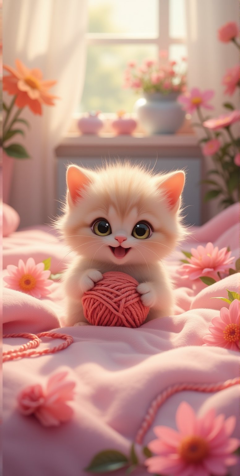 bedroom style, realistic high quality, Pixar anime movie scene style, flowers bloom, Cute little fuzzy kitten playing yarn ball at Blanket, so enjoy and happiness, flowers and lighting bokeh background, depth of field.