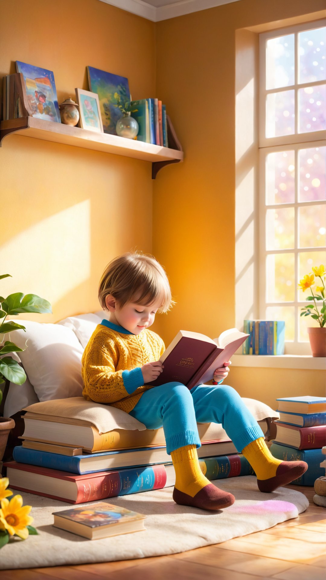 Flowers bloom bokeh background, flowers blooming, painting on the wall, books room, A heartwarming image of a young child sitting on the floor, completely engrossed in a book. The child is wearing a cozy sweater with a pair of colorful socks dangling off their feet. The book they're reading is an old, leather-bound classic with a worn leather cover and frayed edges. The room is bathed in warm, golden sunlight, creating a serene and inviting atmosphere.