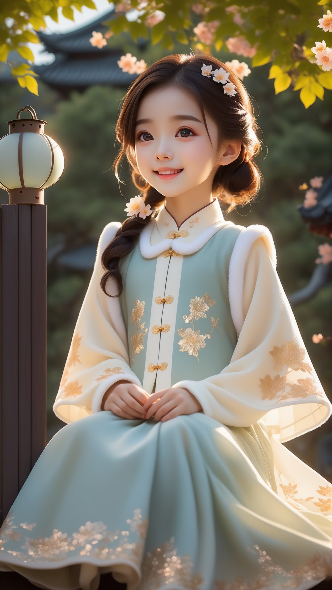 Pixar animated movie scene style, Chinese house style, in the morning light, maple tree bloom, sunray through the leaves, a beautiful and cute little girl with beautiful eyes, sitting on the railing, perfect face, smiling happily, 32k ultra high definition, Pixar movie scene style, realistic high quality Portrait photography, eternal beauty, the lantern behind her emits a soft light, beautiful and dreamy, the flowers are in bloom, and the light bokeh serves as the background.