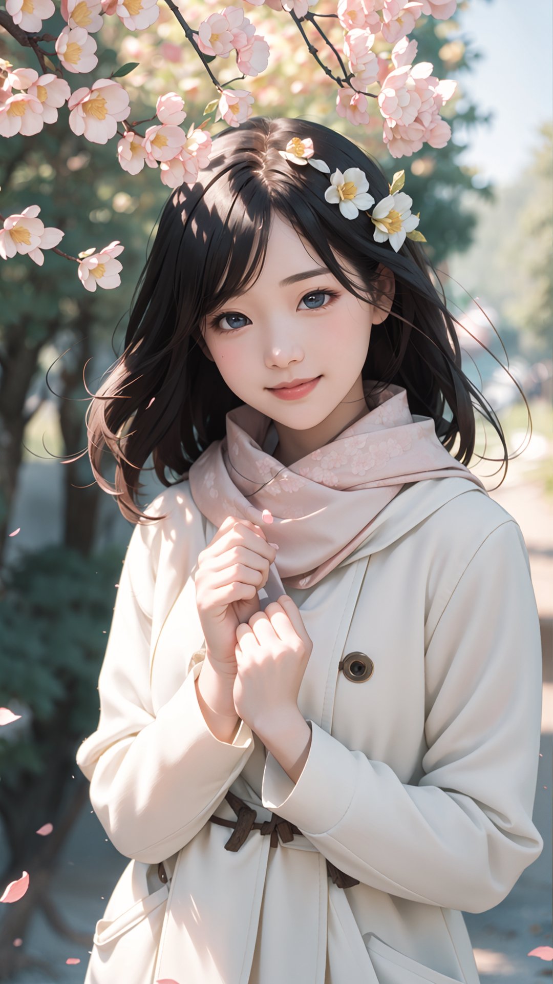 (best quality, masterpiece:1.2),ultra detailed,(photo realistic:1.4), Autumn style, solo, lovely and cute little girl, big eyes so chaiming, smile and happy, lace long sleeves and pink coat, and wearing yellow scarf, She walking on the beautiful village bank near the river, the flowers petals falling, lighting soft and romantic , flowers blooming, flowers petals falling, so romantic, beautiful village, flowers blooming fantastic amazing tale on the village bank, and blurry_light_background, perfect beautiful portrait photography realistic high quality , flowers blooming, fantastic and dreamy and beautiful images 