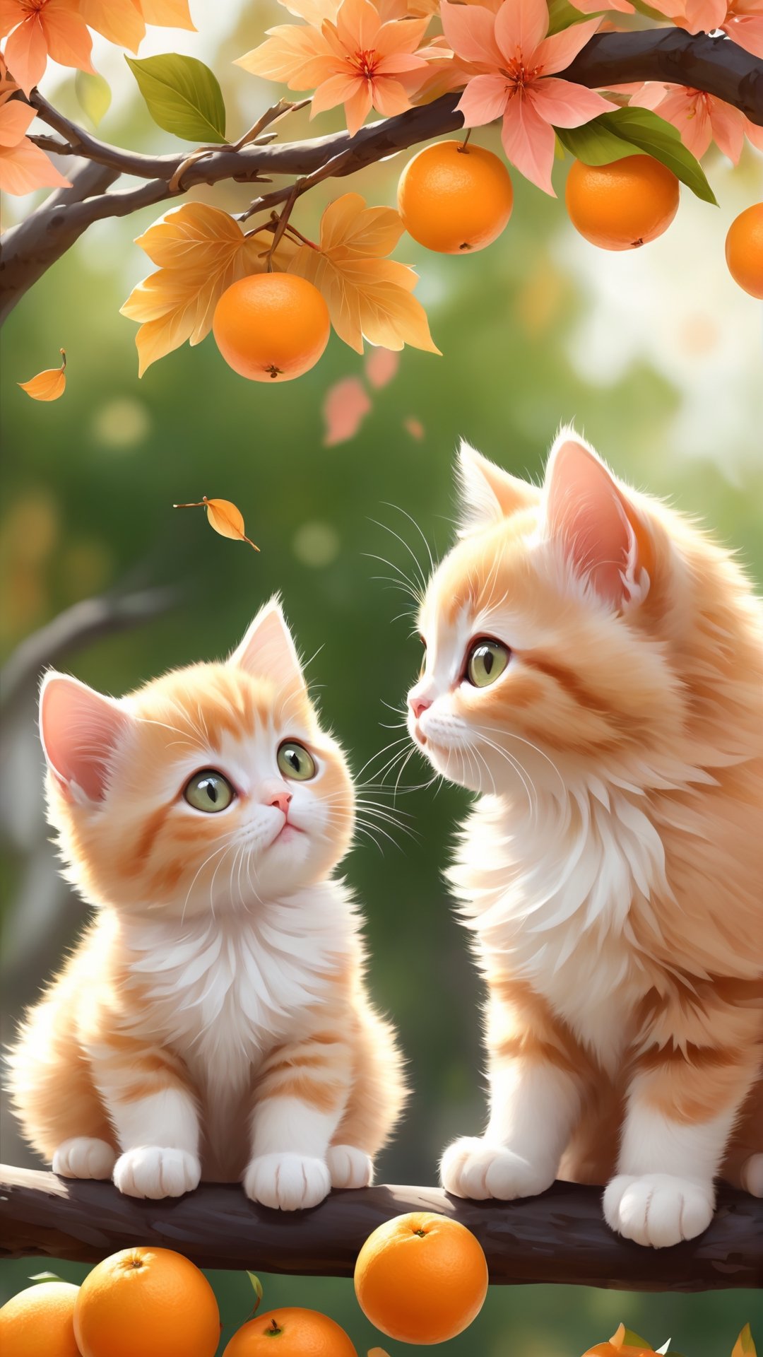 Side view shot, Turn around and look ahead, Two cute little fluffy fat kittens wearing pink coat sit down on the orange tree branch and Picking oranges from the treeand smiled happily, Autumn style, realistic high quality orange tree, oranges full the branch, maple leaves falling, big eyes so cute and beautiful, under the tree have a table, and apples and beautiful flowers, maple leaves falling, orange near flowers, Turn around and look viewers , pink flowers blooming fantastic amazing and romantic lighting bokeh, yellow flowers blooming realistic and green plants amazing tale and lighting as background, Xxmix_Catecat