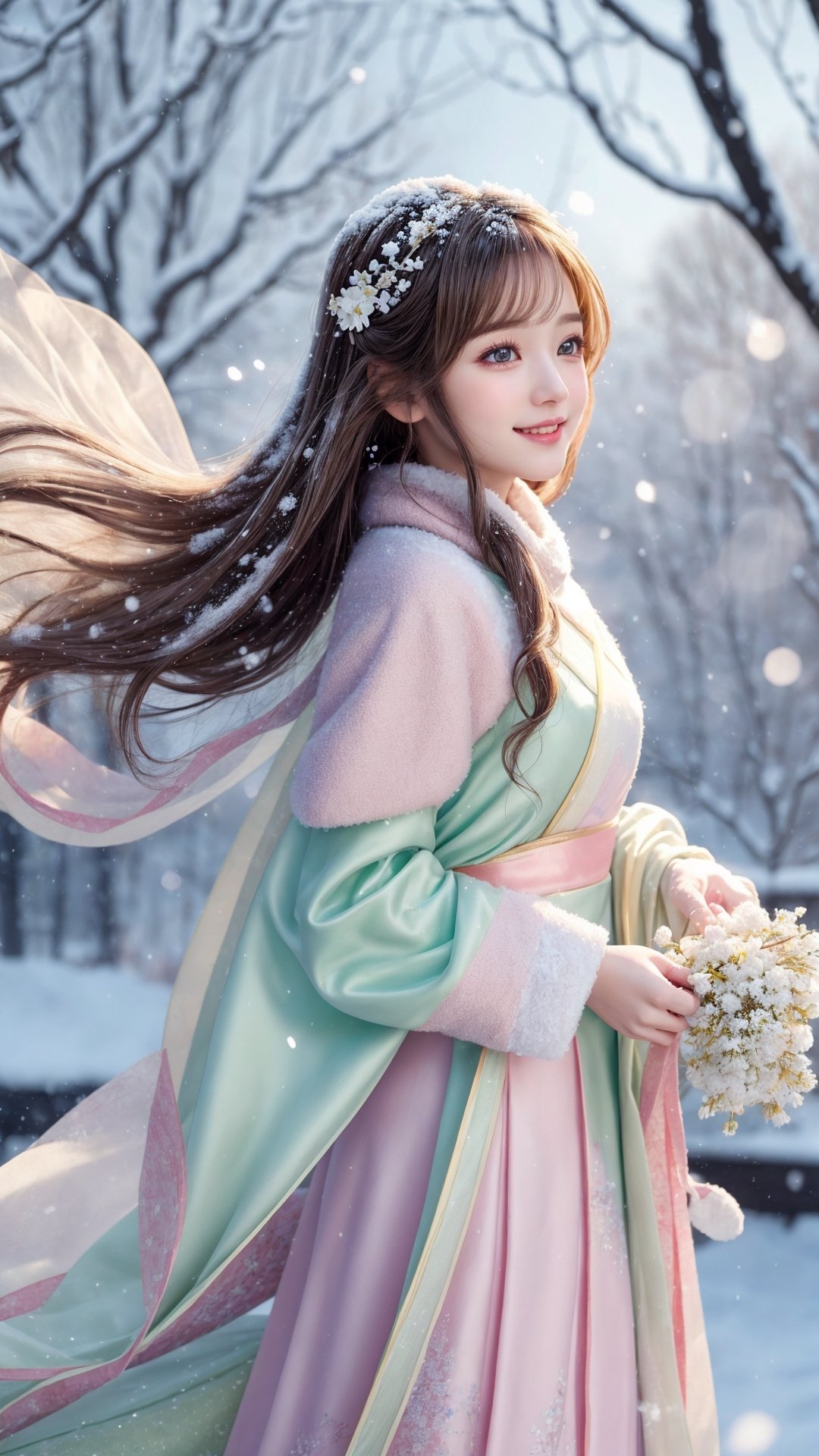 Side view, Winter style, snow falling, realistic high quality, portrait photography, full body, flowers tree, Pixar anime movie scene style, a beautiful big eyes so chaiming and beautiful cute little girl, wearing fluffy pink and white soft silk Hanfu, and fluffy warm coat and scarf, blowing snow flakes, dancing with the snow flakes, smiling happily, transparent bubbles floating around her, so cute and sweet, realistic high quality portrait photography HD 8k, Turning to look at the person looking at her, white and yellow flowers blooming fantastic amazing and romantic lighting bokeh, flowers blooming realistic and green plants amazing tale and lighting as background,