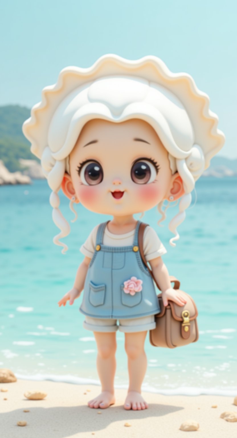 a oyster ,cartoon doll cute and exaggerated , Disney cartoon ocean style ,carry a shell behind like a little schoolbag ,body is very big the shell is small,IP character design into seaside culture and creative product, add pearl element and expressions ,shell like a little schoolbag, shy blush 