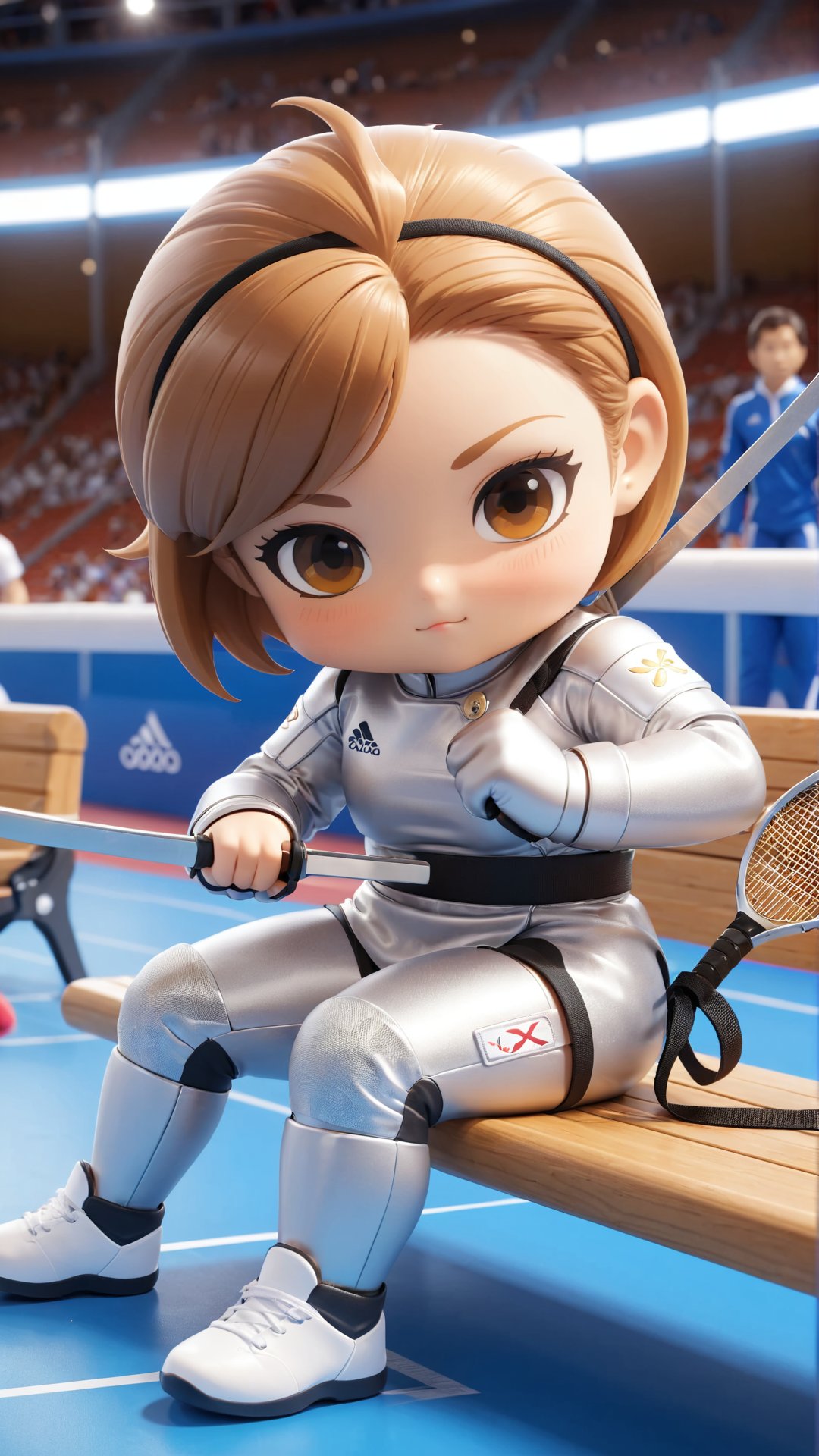 Masterpiece, 4K, ultra detailed, Chibi Art Style, beautiful female fencing athlete resting on side bench, Olympic competition, SFW, depth of field,