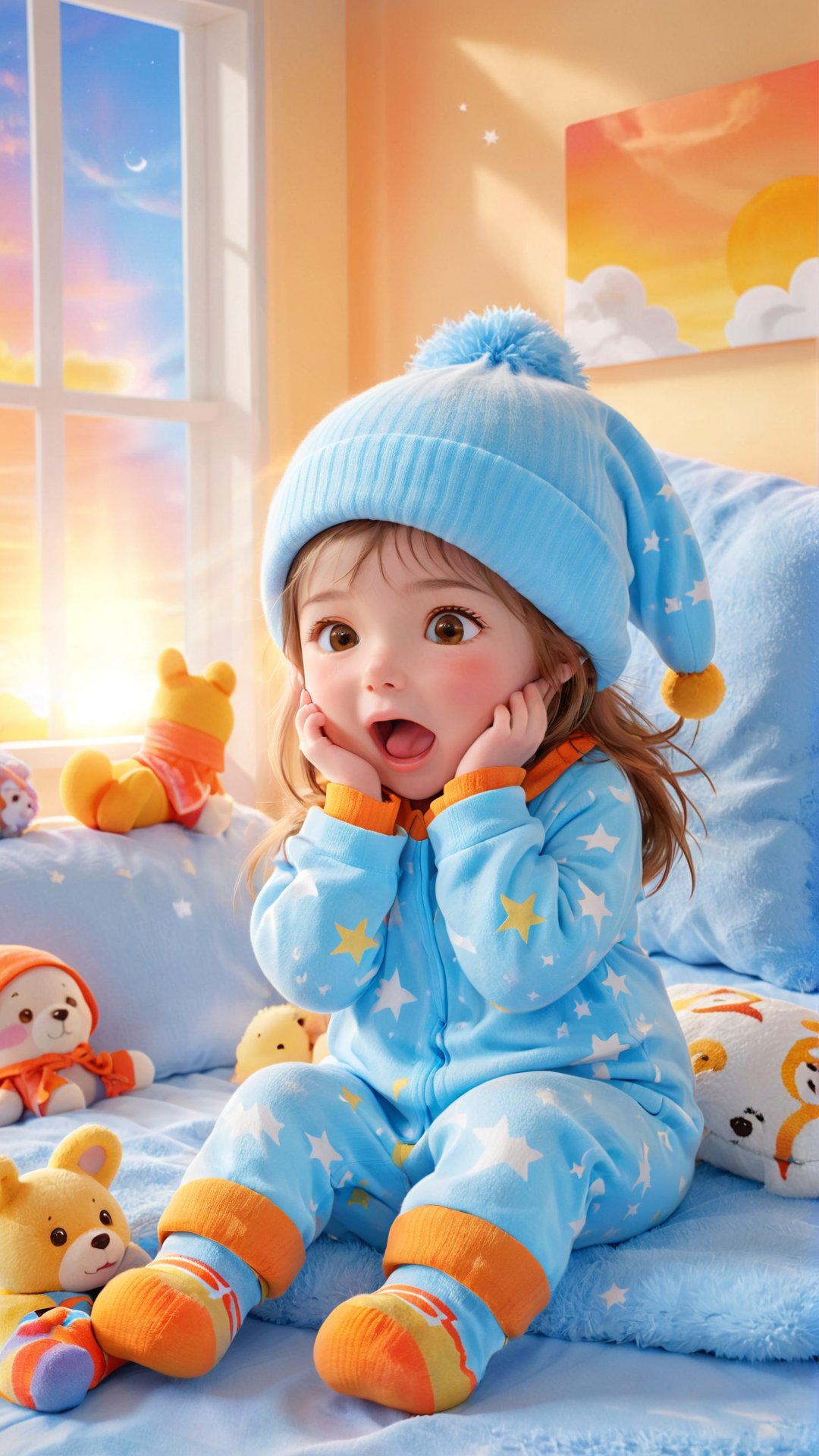 A charming animated scene, a lovely and beautiful little girl yawning widely in the early morning. She is dressed in a cozy pajama set with a warm hat and socks. The background shows a sunrise with vibrant colors of light blue, orange, and yellow. There's a soft, fluffy pillow next to her with a favorite stuffed animal. The atmosphere is cozy and comforting, capturing the essence of a child's early morning routine.