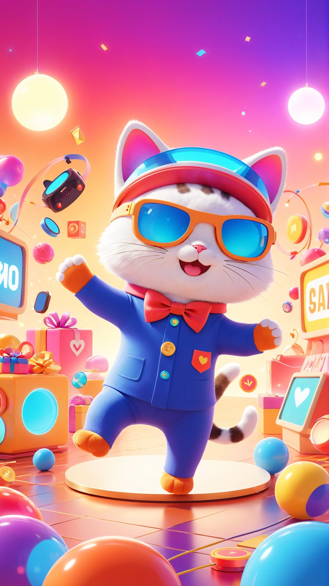 A whimsical and charming illustration of a dancing cat, showcasing its grace and merriment in every movement. The cat is adorned with a VR headset, and the background features vibrant colors, flashy lights, and bold symbols that evoke a sense of humor and celebration. The atmosphere is warm, cozy, and nostalgic, with a blend of classic and modern elements that pay homage to the simple joys of life and the captivating world of gaming., photo, 3d render, poster, cinematic, illustration, typography, fashion