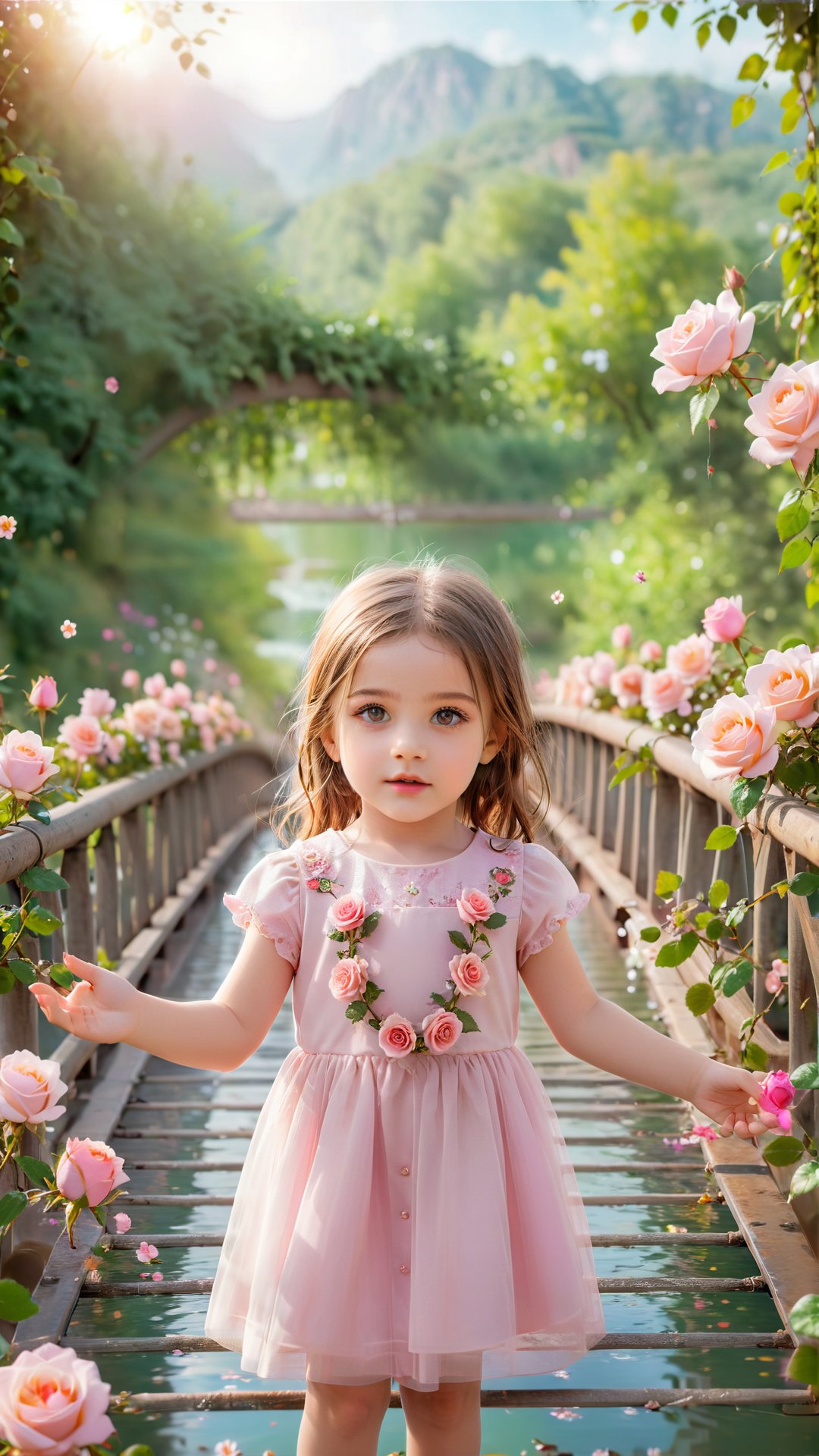 generate 3d image of rose falling from the hands of four year old girl standing in a wired bridge, perfect face and beautiful eyes and the best quality portrait photography, flowers bloom bokeh background, beautiful and fantastic and dreamy, dreamy romantic scene style, depth of field.