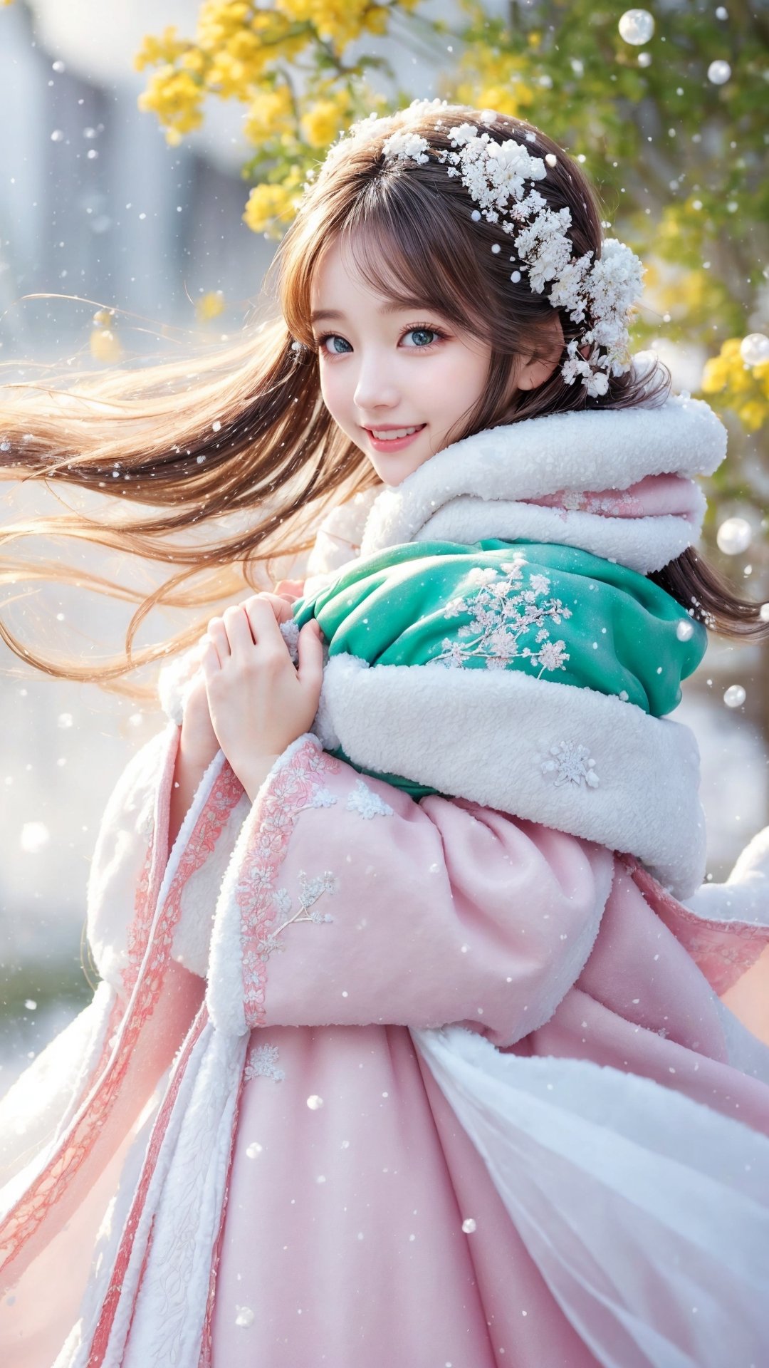 Side view, Winter style, snow falling, realistic high quality, portrait photography, full body, flowers tree, Pixar anime movie scene style, a beautiful big eyes so chaiming and beautiful cute little girl, wearing fluffy pink and white soft silk Hanfu, and fluffy warm coat and scarf, and Wearing antique embroidered shoes, blowing snow flakes, dancing with the snow flakes, smiling happily, transparent bubbles floating around her, so cute and sweet, realistic high quality portrait photography HD 8k, Turning to look at the person looking at her, white and yellow flowers blooming fantastic amazing and romantic lighting bokeh, flowers blooming realistic and green plants amazing tale and lighting as background,