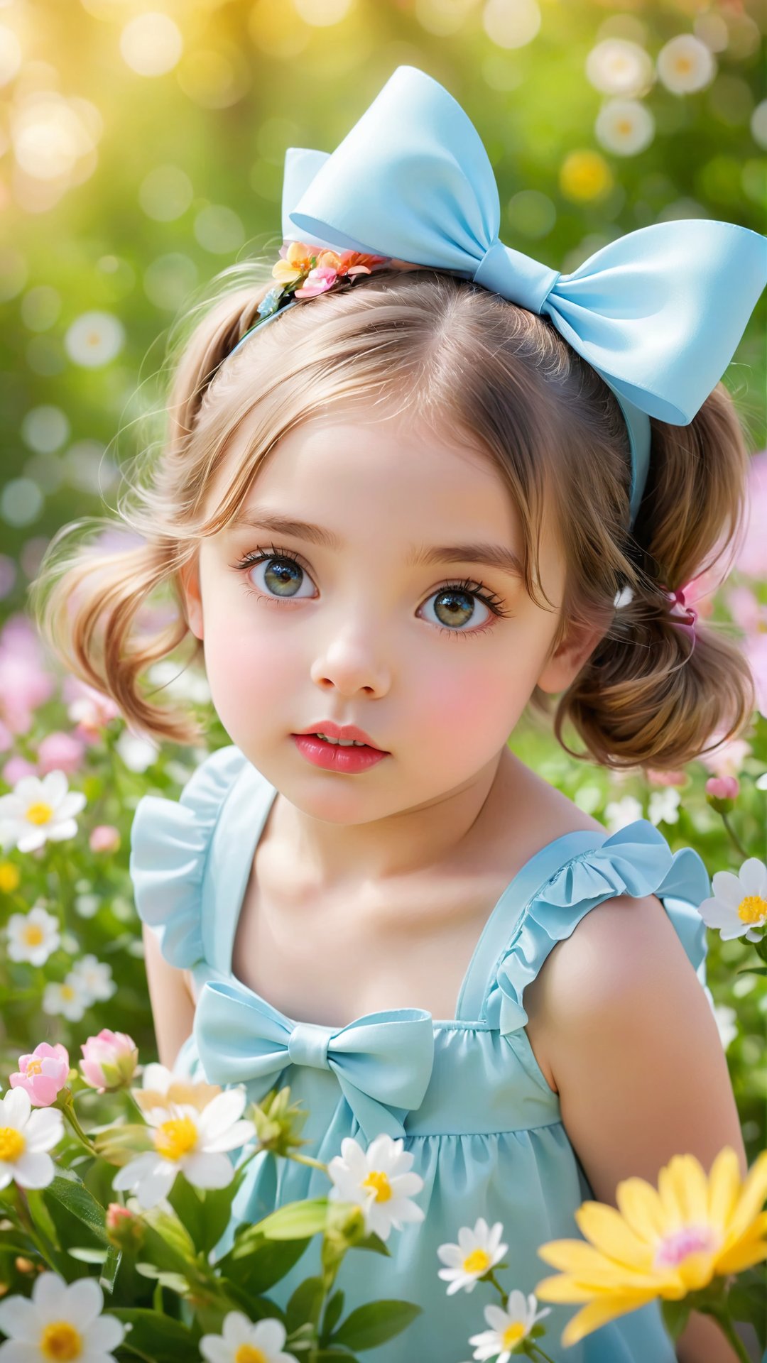 A sweet and endearing young girl with a whimsical bow tied atop her head gazes directly at the camera, her bright and expressive eyes sparkling with playfulness. A gentle pout adorns her lips, further emphasizing her charming demeanor,  Framed against a lovely bokeh background of blooming flowers, the subject's face is softly focused, with the blooms subtly blurred in the background, creating a depth of field that draws attention to the girl's captivating features.