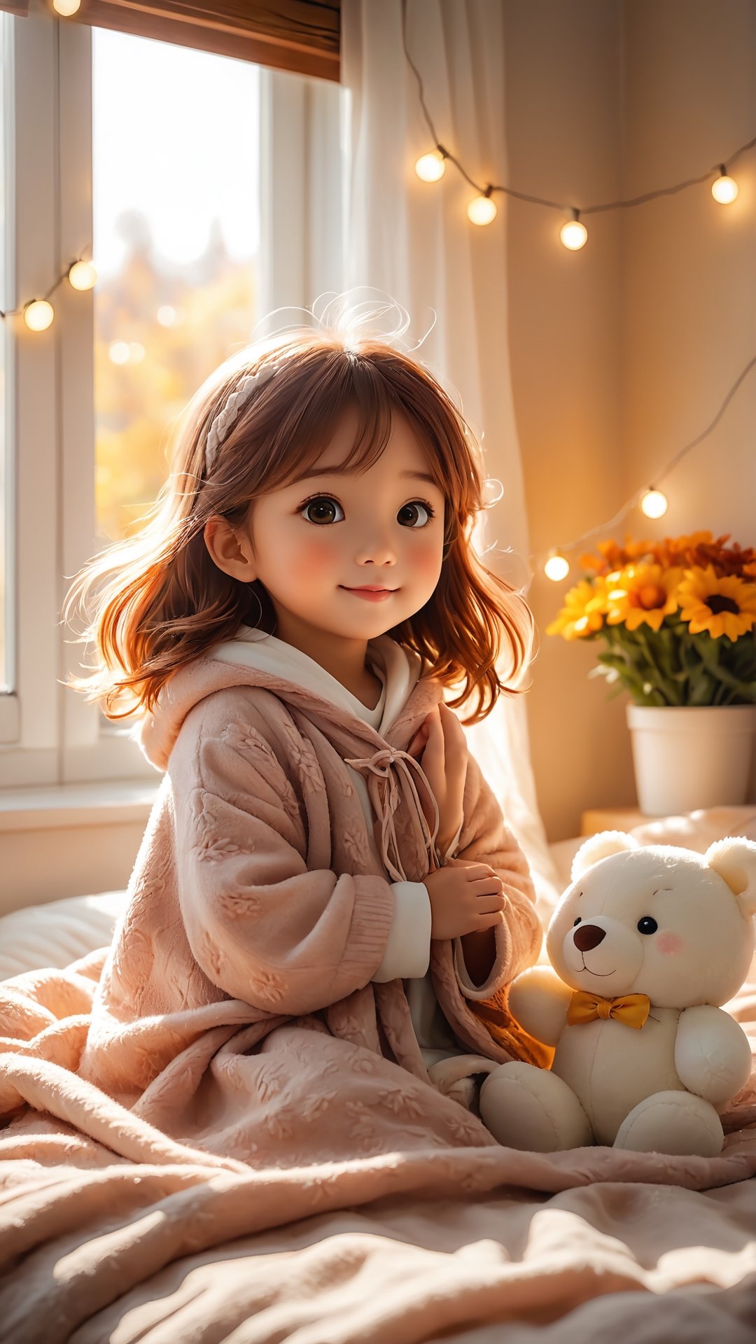 Flowers blooming, Autumn morning style, ((full body)), cute little girl wake up in the beautiful morning comfortably on a bed, covered with a blanket, stuffed animal, string lights on the wall, Sun ray through the window, cozy and comforting atmosphere, morning sunshine, wonder, pixiv, happiness and enjoyment, depth of field, illuminated bokeh background.