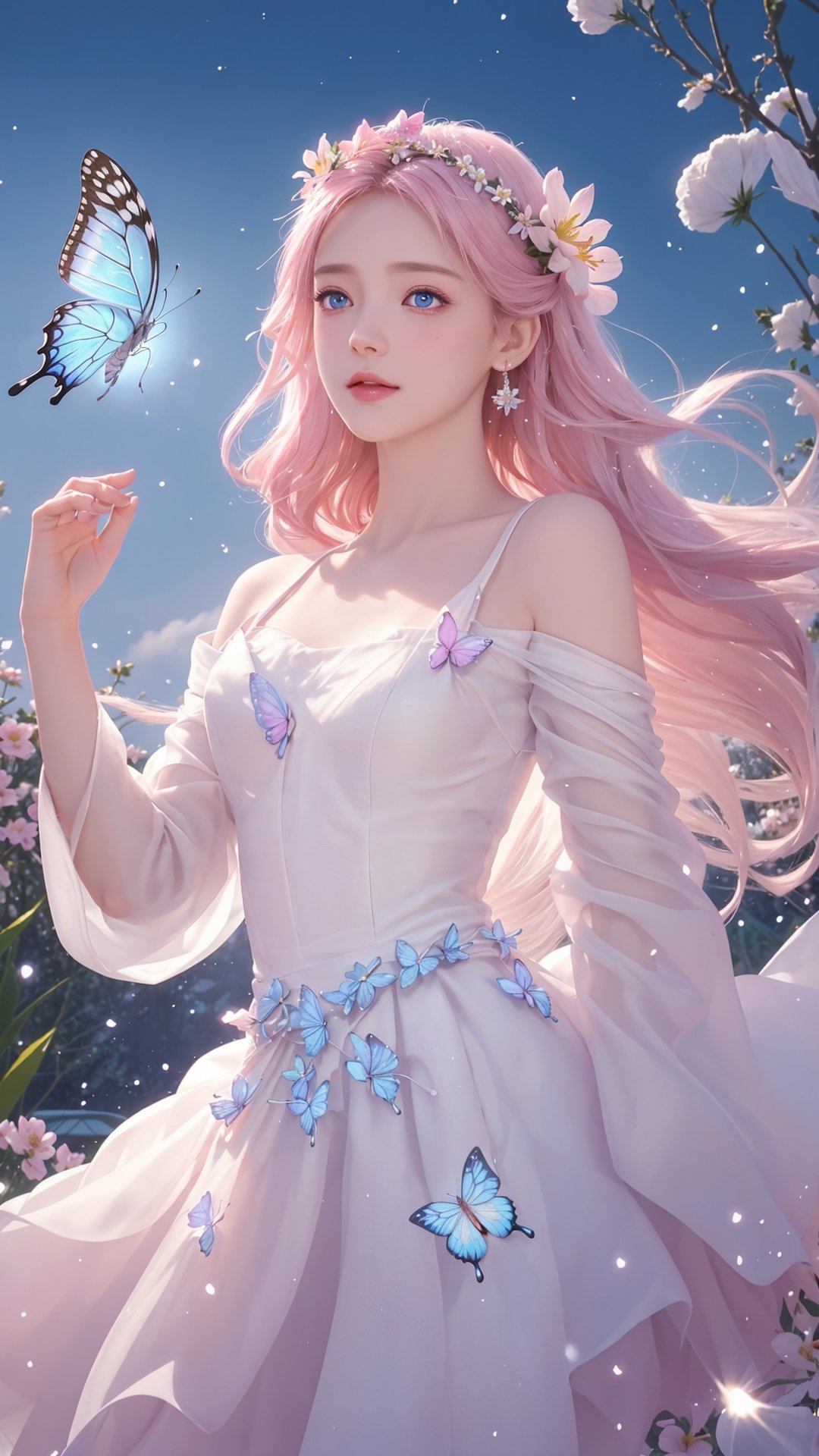 Sunshine lighting as background, clouds sky, Winter style, snowflakes falling, cinema photo, 4k photo, extremely detailed, fairy flying over the water, faint smile, emotional eyes, beauty, flower explosion, anatomical plant, flower forest, grainy, shiny, colorful, colorful , ((realistic skin)), glowing surreal object floating, ((float: 1.4)), photography, rainbow style, soft light, incredible bokeh, wearing pink and white long dress, deep blue eyes so chaiming and beautiful, looking at viewer, (butterfly is part of her body), closeup, dancing girl, flowers and light bokeh background depth of field