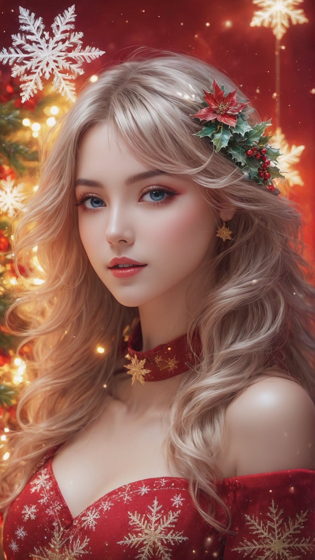 Christmas style, snowflakes, Christmas tree and gifts ,full body, (masterpiece, top quality, best quality, official art, beauty and aesthetics: 1.2), (1girl), extremely detailed, (abstract, fractal art: 1.3), colorful hair, Highest details, detailed_eyes, fire, water, ice, lightning, light particles, Christmas style clothing, Christmas tree, string of Christmas light bulbs, Christmas red flowers,, beautiful lines, determined eyes, flowers, detailed face, detailed eyes , brilliant blooming flowers and romantic lights as the background