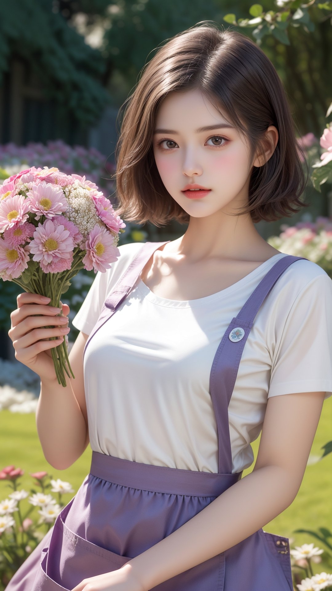 Garden, flowers bloom, A girl, beautiful and perfact face, The scene features soft lighting and bokeh effects, and the characters are rendered in a realistic style with high-quality details against a floral background, flowers bloom, with short hair stood outside, holding flowers, especially purple flowers. She wears a white shirt and pink apron. Natural atmosphere.