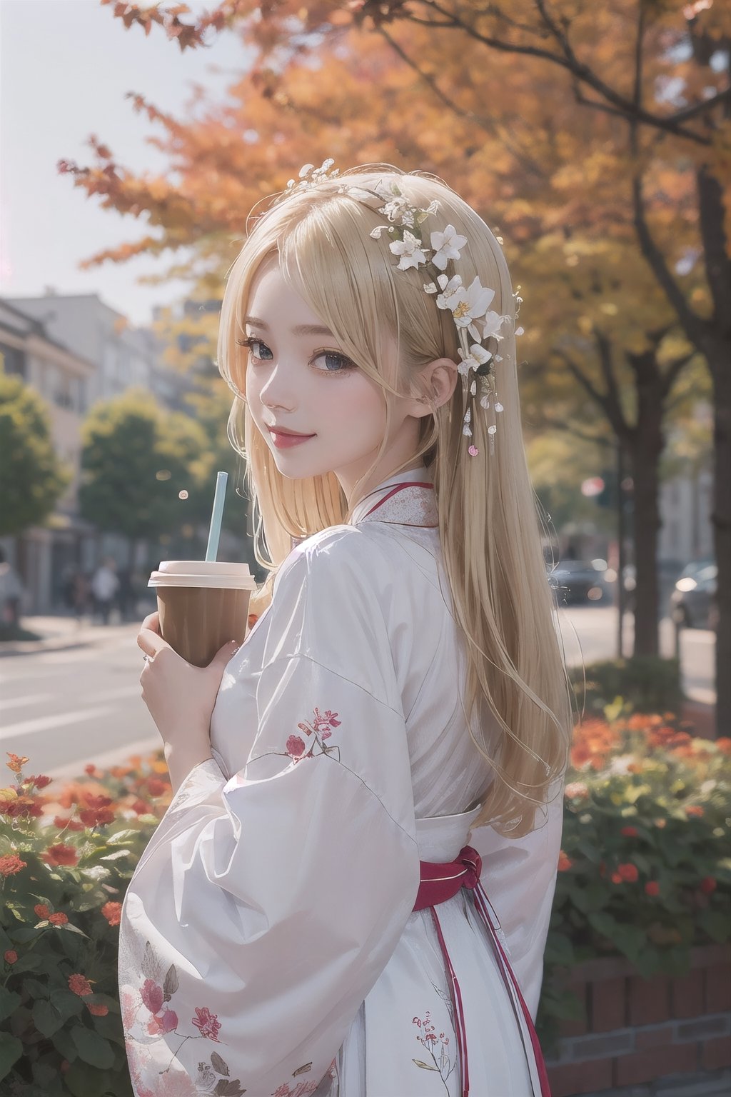 (Masterpiece, Top Quality, Best Quality, Official Art, Autumn,outdoor cafe, Side view, drink coffee, Turn around and look,blonde girl, Beauty and Aesthetics),, Cute, Smile, adorable, Extremely Detailed, Abstract, Fractal Art, Long Hair, Destiny Series, Colorful, Most Detailed, flwoers blooming, soft lingt bokeh background, Jewelry, Hanfu,, landscape, ink, Portrait photograph. flowers blooming bokeh as background, depth_of_field 