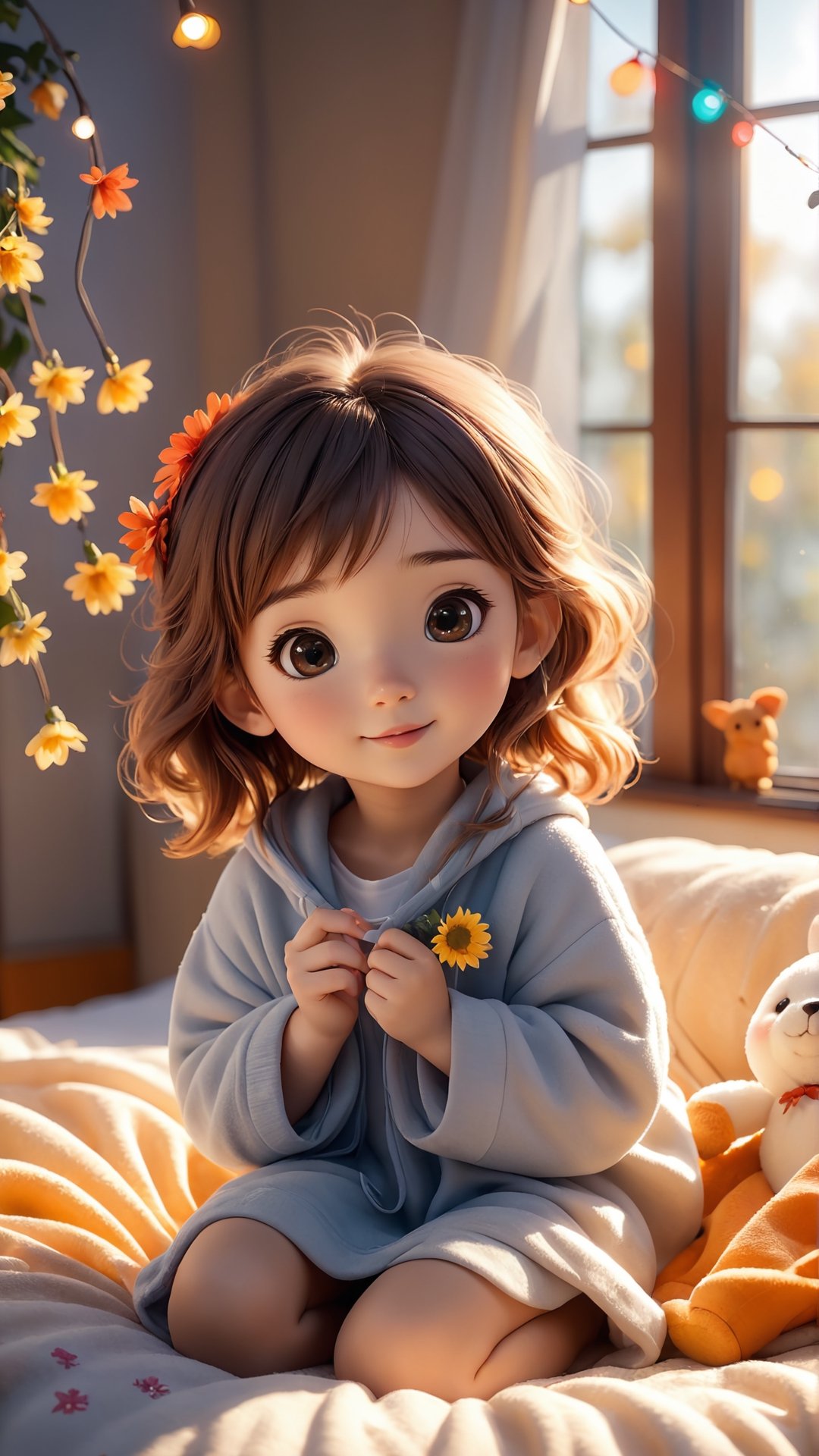 Flowers blooming, Autumn morning style, ((full body)), cute little girl wake up in the beautiful morning comfortably on a bed, covered with a blanket, stuffed animal, string lights on the wall, Sun ray through the window, cozy and comforting atmosphere, morning sunshine, wonder, pixiv, happiness and enjoyment, depth of field, illuminated bokeh background. Flowers bloom bokeh and depth of field background.,cute cartoon 