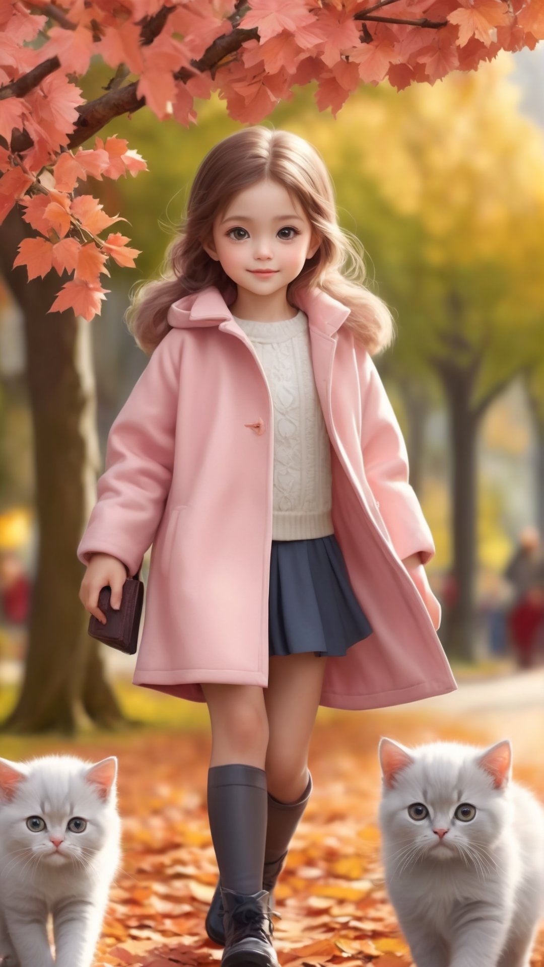 Side view shot, Turn around and look ahead, A beautiful big eyes and adorable little girl with two cute little fluffy fat kittens wearing pink coat walking on the apples tree branch from the treeand street, smiled happily, Autumn style, realistic high quality orange tree, apples full the branch, maple leaves falling, big eyes so cute and beautiful, under the tree have a table, and apples and beautiful flowers, maple leaves falling, orange near flowers, Turn around and look viewers , pink flowers blooming fantastic amazing and romantic lighting bokeh, pink flowers blooming realistic and green plants amazing tale and lighting as background, Xxmix_Catecat