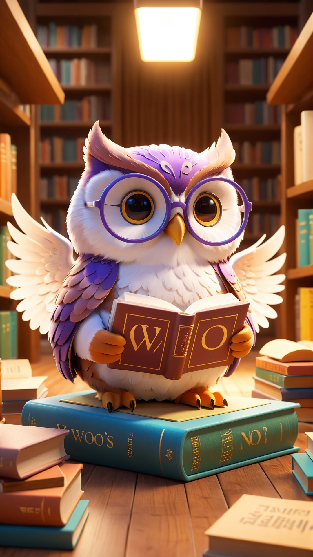 A vibrant 3D render of a wise-looking owl librarian, wearing tiny glasses and intently flipping through a massive book titled 'Whoo’s Who in Literature.' The owl's wings are gracefully organizing books on the shelves behind it. The background features a warm, inviting library atmosphere, with soft lighting that emphasizes the owl's presence. The caption, 'Knowledge is a Hoot!' is displayed prominently in a playful, whimsical typography., typography, 3d render, vibrant