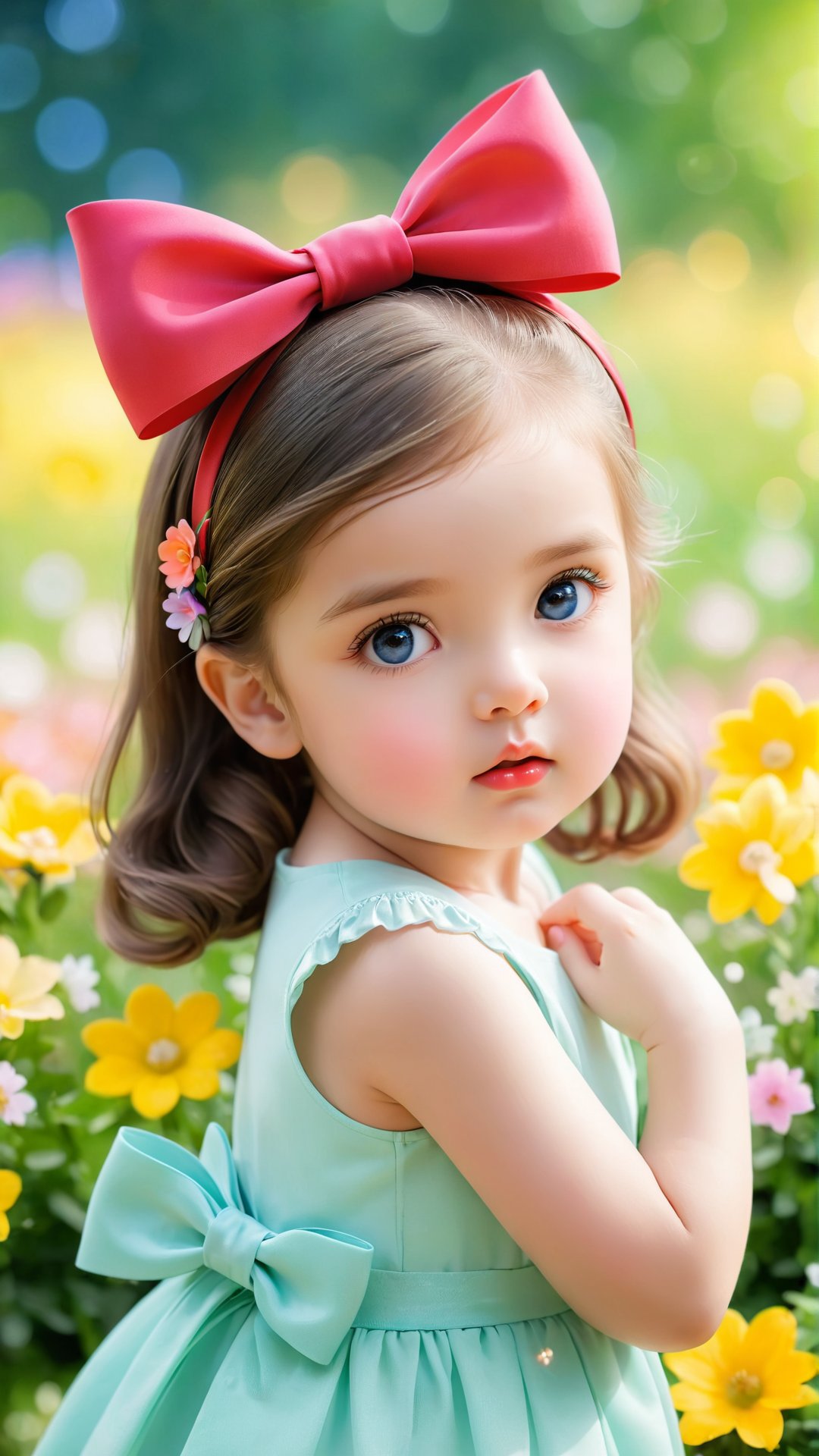 A beautiful adorable girl, With a bow tied on her head, beautiful eyes, and a cute little pout, she is playful and charming.lovely portrait photography, flowers bloom bokeh background, depth of field.