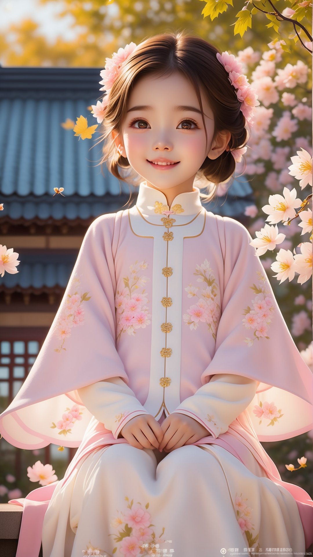 Pixar animated movie scene style, Chinese house style, in the morning light, pink and white yellow flowers bloom and maple tree bloom, sunray through the leaves, a beautiful and cute little girl with beautiful eyes, sitting on the railing, perfect face, smiling happily, 32k ultra high definition, Pixar movie scene style, realistic high quality Portrait photography, eternal beauty, the lantern behind her emits a soft light, beautiful and dreamy, the flowers are in bloom, and the light bokeh serves as the background.