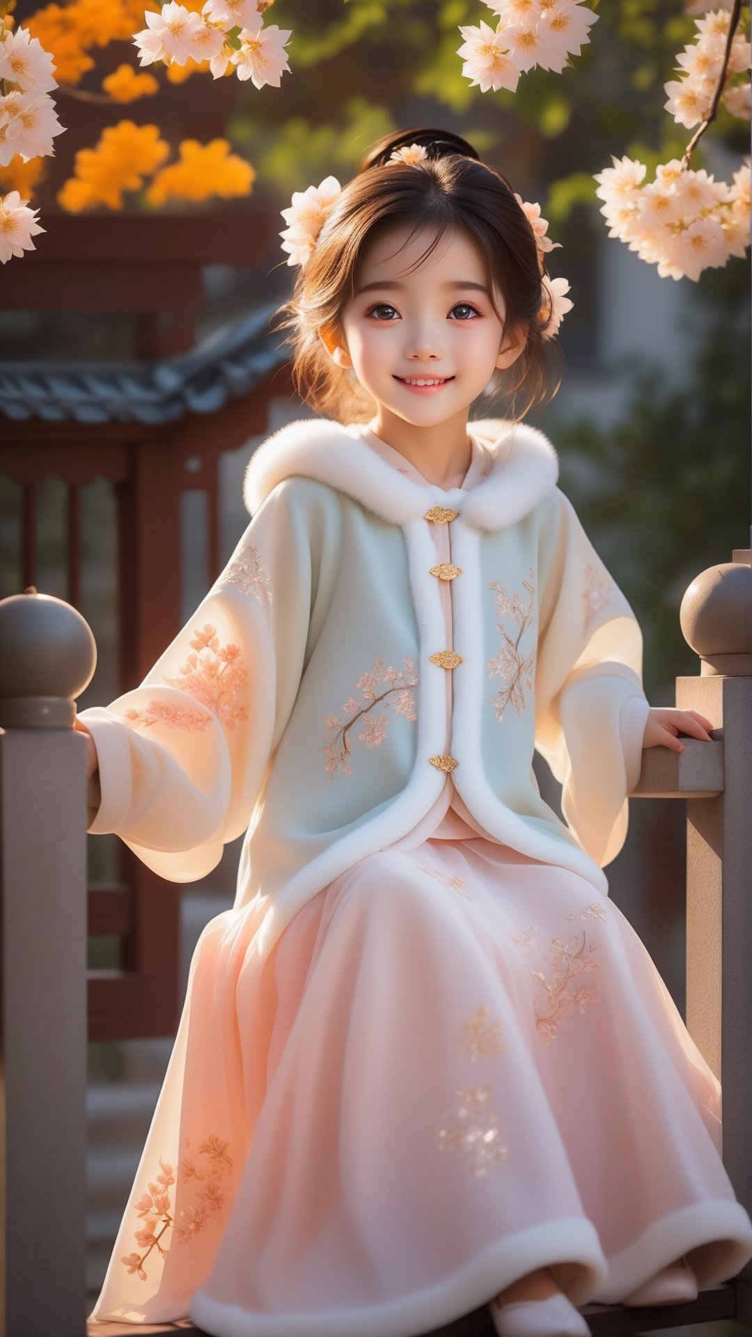 Pixar animated movie scene style, Chinese house style, in the morning light, maple tree bloom, sunray through the leaves, a beautiful and cute little girl with beautiful eyes, sitting on the railing, perfect face, smiling happily, 32k ultra high definition, Pixar movie scene style, realistic high quality Portrait photography, eternal beauty, the lantern behind her emits a soft light, beautiful and dreamy, the flowers are in bloom, and the light bokeh serves as the background.