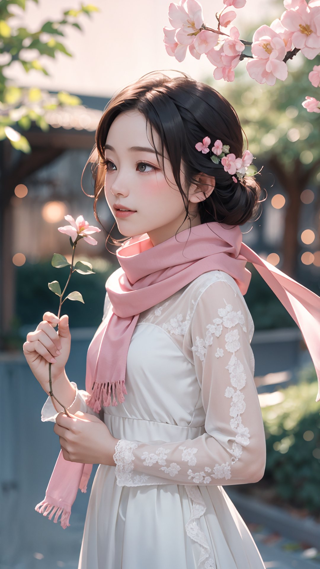 (best quality, masterpiece:1.2),ultra detailed,(photo realistic:1.4),solo, lovely little girl, lace long sleeves pink and white dress, and wearing pink scarf, night , moon lighting soft and romantic , beautiful village, flowers blooming fantastic amazing tale on the village bank, and blurry_light_background, perfect beautiful portrait photography 