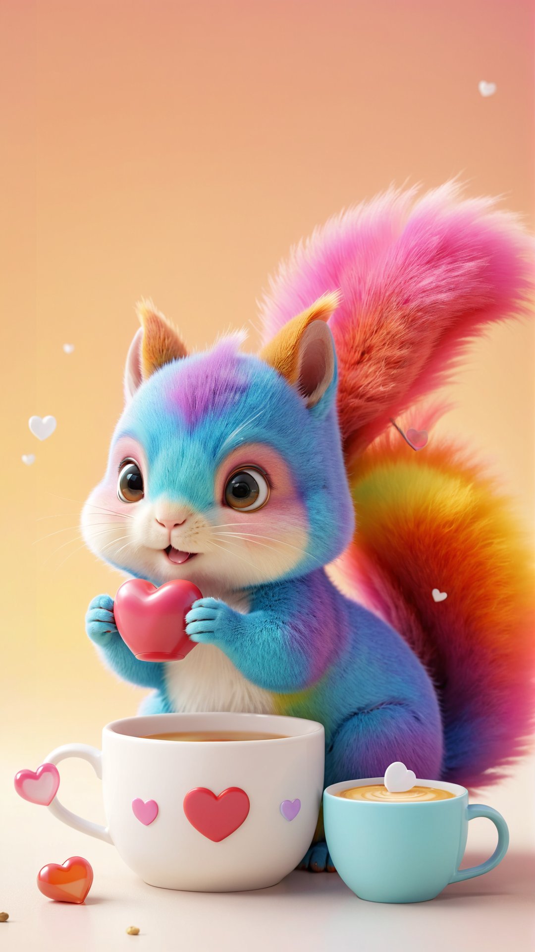 Pixar anime movie scene style , 3d render, A charming of a small rainbow-colored squirrel from India, known as the Indian little fuzzy Rainbow Squirrel Baby, with an empty coffee cup and a heart in delicate porcelain tea cup. Its soft fur and large curious eyes embody the innocence and wonder of this creature,3f render, high quality, cute and adorable  