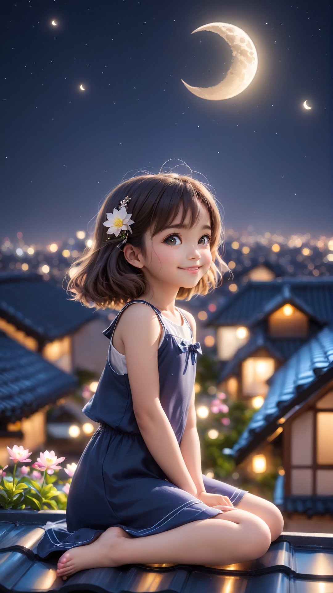 https://s.mj.run/ScKtPHY5ybo Side view shot, full body, Night style, moon, a cute little girl clear details and charming eyes lying on the roof looking forward city lighting, smiling happily and enjoy the best moment, depth of field, flowers blooming fantastic romantic bokeh background ,portraitart,xxmix_girl,Anime 