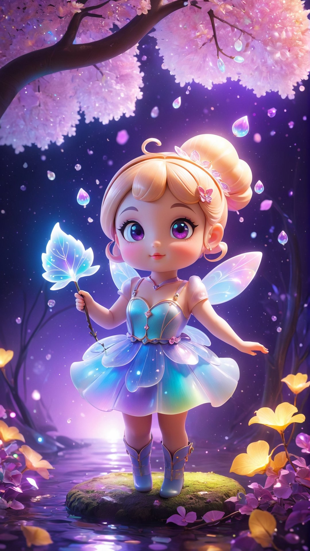 "Chibi" mascots include a cute girl cute 3d cartoon fashionable rainbow Art Nouveau fairytale poster, pin-up cuteness overload night fairytale fantasy pastel Neon Light (lighting/lasers/LEDs/Light Projection/fairy lights) cinematic, 32k, cgsociety, digital art, macrorealism, surreal, storybook illustration, expressive glowing eyes a close up luminous vivid dreamy romantic girl portrait, steampunk, unmaterial, ethereal, dreamlike holding a tree lilac branch, dynamic expressive pose detailed luminous scales, detailed skin texture, transparent body, shadow play, sparks, glittering leaves glowing contoured Burton Craola, Ryden, Ceccoli, octane render dynamic intricated pose, sleek, modern., fairytale, fantasy, by Andy Kehoe, artistic water drops on petals, detailed petals texture, dynamic pose, tender, soft pastel colors, octane render, beautiful, tiny detailed