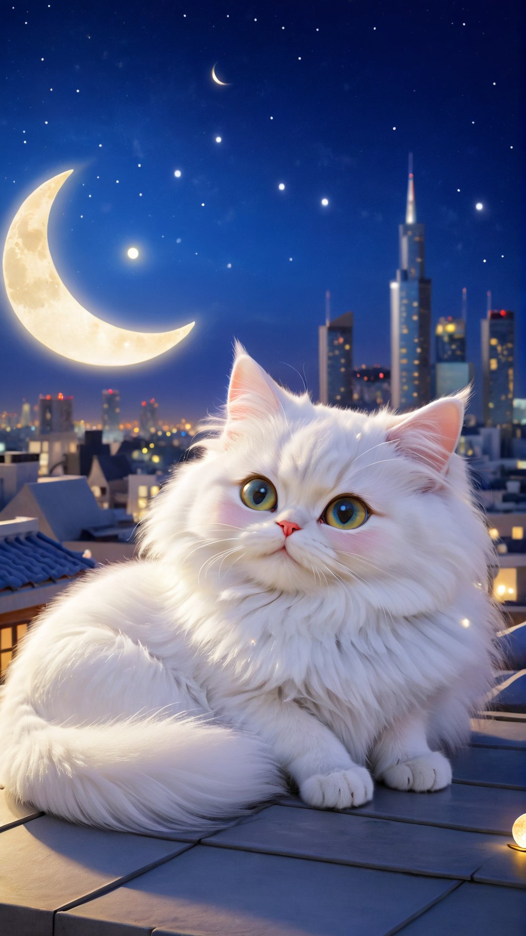 A serene and dreamy of a beautiful eyes so charming adorable little fuzzy long hair persian white cat gazing at the moon while lying on a rooftop. enjoy, In the background the city skyline is beautifully lit, with a crescent moon shining in the night sky. The cat's fur glows slightly, reflecting the soft moonlight. There's a sense of calm smiling.