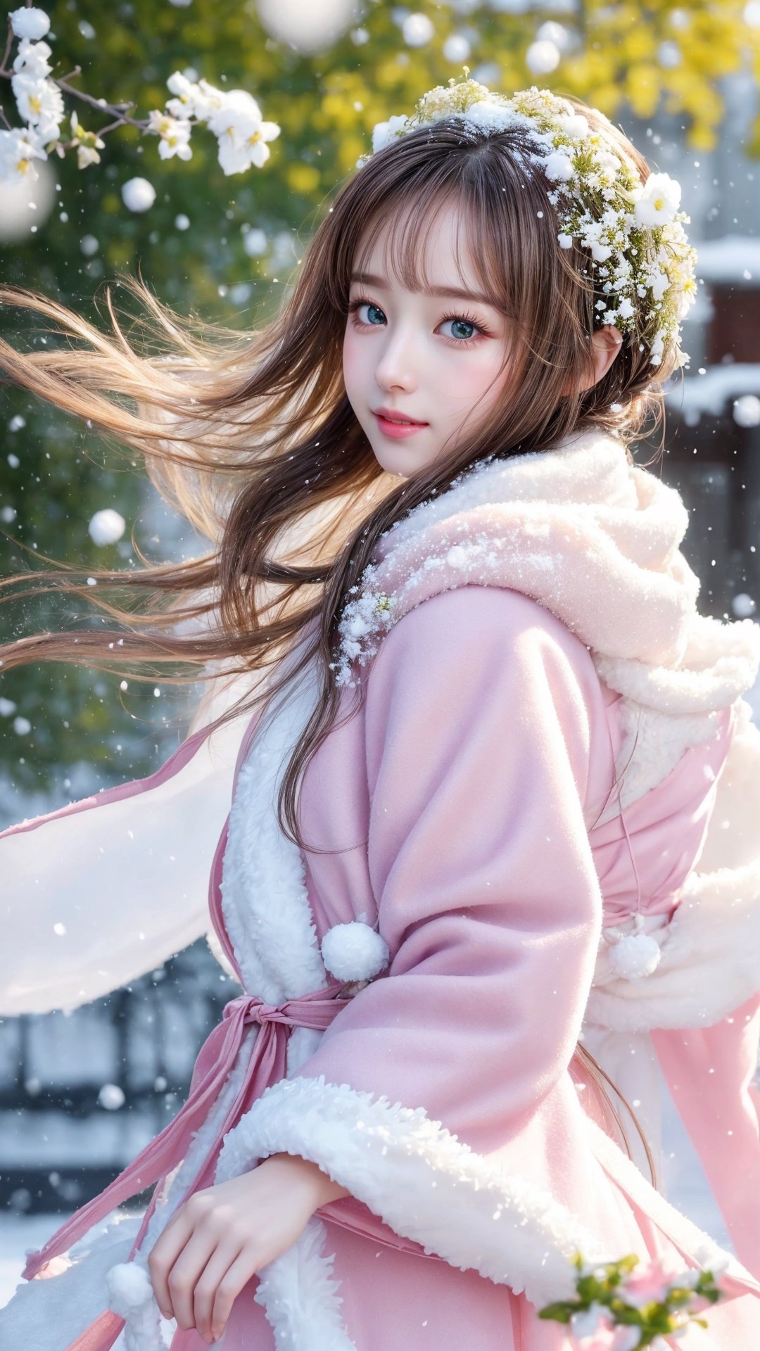 Side view, Winter style, snow falling, realistic high quality, portrait photography, full body, flowers tree, Pixar anime movie scene style, a beautiful big eyes so chaiming and beautiful cute little girl, wearing fluffy pink and white soft silk Hanfu, and fluffy warm coat and scarf, blowing snow flakes, dancing with the snow flakes, smiling happily, transparent bubbles floating around her, so cute and sweet, realistic high quality portrait photography HD 8k, Turning to look at the person looking at her, white and yellow flowers blooming fantastic amazing and romantic lighting bokeh, flowers blooming realistic and green plants amazing tale and lighting as background,