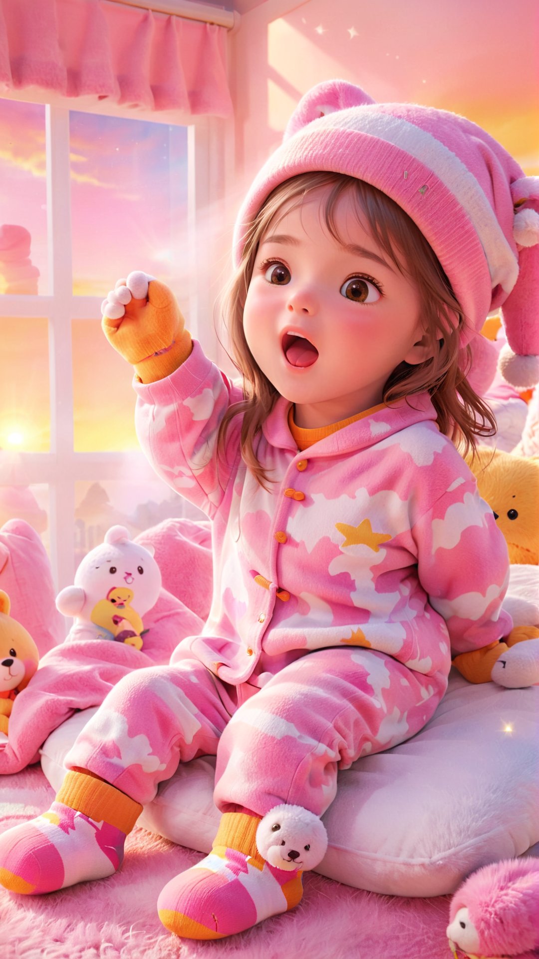 A charming animated scene, a lovely and beautiful little girl yawning widely in the early morning. She is dressed in a cozy pajama set with a warm hat and socks. The background shows a sunrise with vibrant colors of pink, orange, and yellow. There's a soft, fluffy pillow next to her with a favorite stuffed animal. The atmosphere is cozy and comforting, capturing the essence of a child's early morning routine.