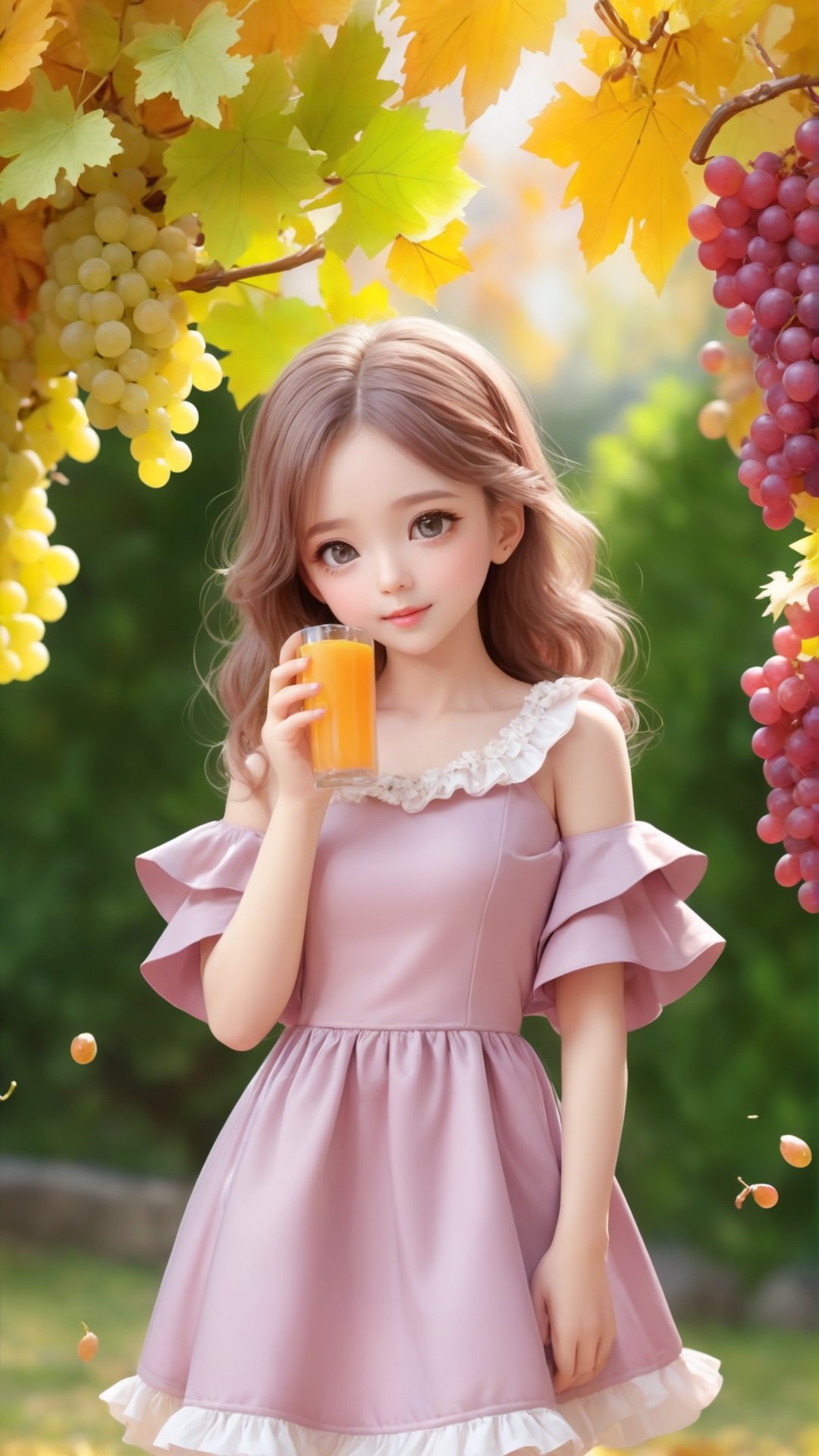 Side view, Autumn style, realistic high quality grapes tree, grapes full the branch, maple leaves falling, 1girl, big eyes so charming, happy,  under the tree have a table, and grape and beautiful flowers, maple leaves falling, and a adorable lovely cute big charming eyes girl wearing pink and white Ruffles dress and coat, holding juice 
 near flowers, Turn around and look viewers , pink flowers blooming fantastic amazing and romantic lighting bokeh, yellow flowers blooming realistic and green plants amazing tale and lighting as background, Xxmix_Catecat