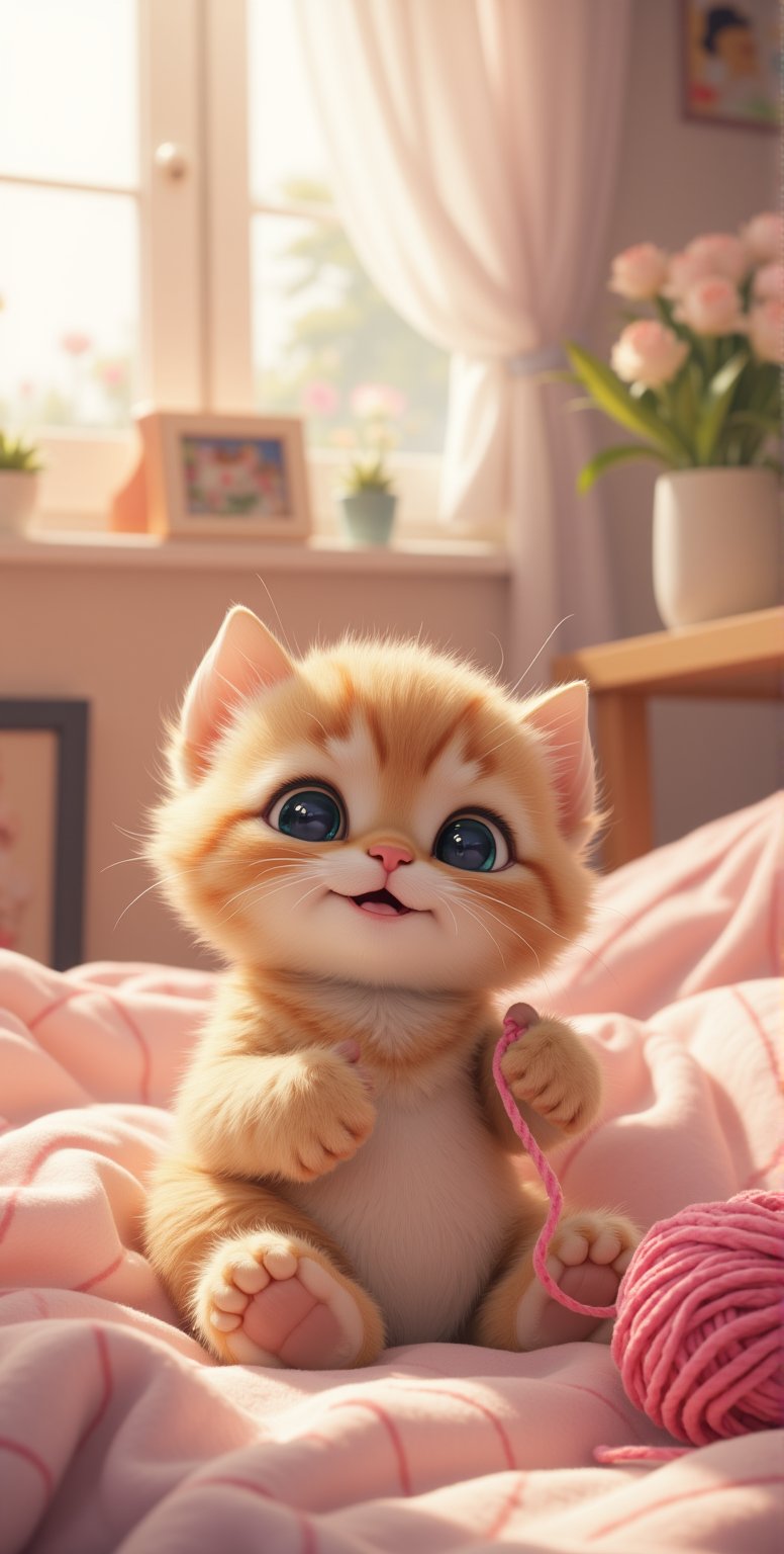 bedroom style, realistic high quality, Pixar anime movie scene style, flowers bloom, Cute little fuzzy kitten playing yarn ball at Blanket, so enjoy and happiness, flowers and lighting bokeh background, depth of field.